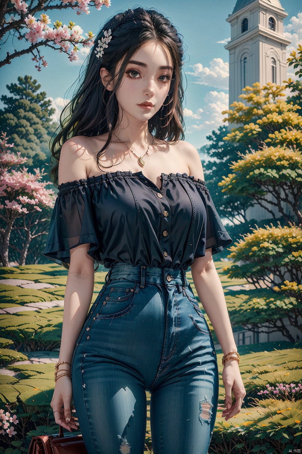 masterpiece, ultra-clear picture quality, real effect, 8k ultra-clear, fine picture effect, 1girl, solo, long hair, shirt, black hair, holding, jewelry, standing, white shirt, purple hair, flower, outdoors, day, pants, necklace, off shoulder, bag, bracelet, tree, lips, petals, denim, cherry blossoms, building, pink flower, jeans, handbag, ((poakl))