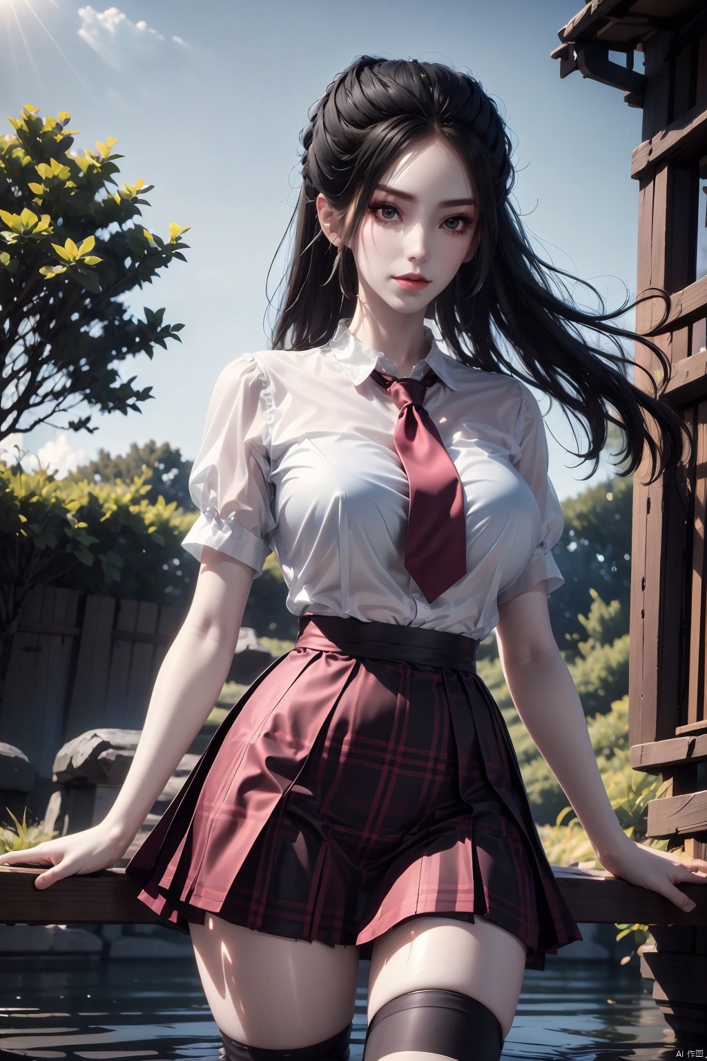 1girl ,upper body,pink plaid skirt, necktie,white short sleeve shirt,white thighhighs ,Cherry trees,outdoors,pink plaid skirt,necktie,white short sleeve shirt,white thighhighs ,full body,(8k, RAW photo, best quality, masterpiece:1.2),,ultra-detailed,extremely detailed cg 8k wallpaper,hatching (texture),skin gloss,light persona,(crystalstexture skin:1.2),(extremely delicate and beautiful),ultra-high resolution,1girl,solo,very long hair,shiny hair,dress,windy