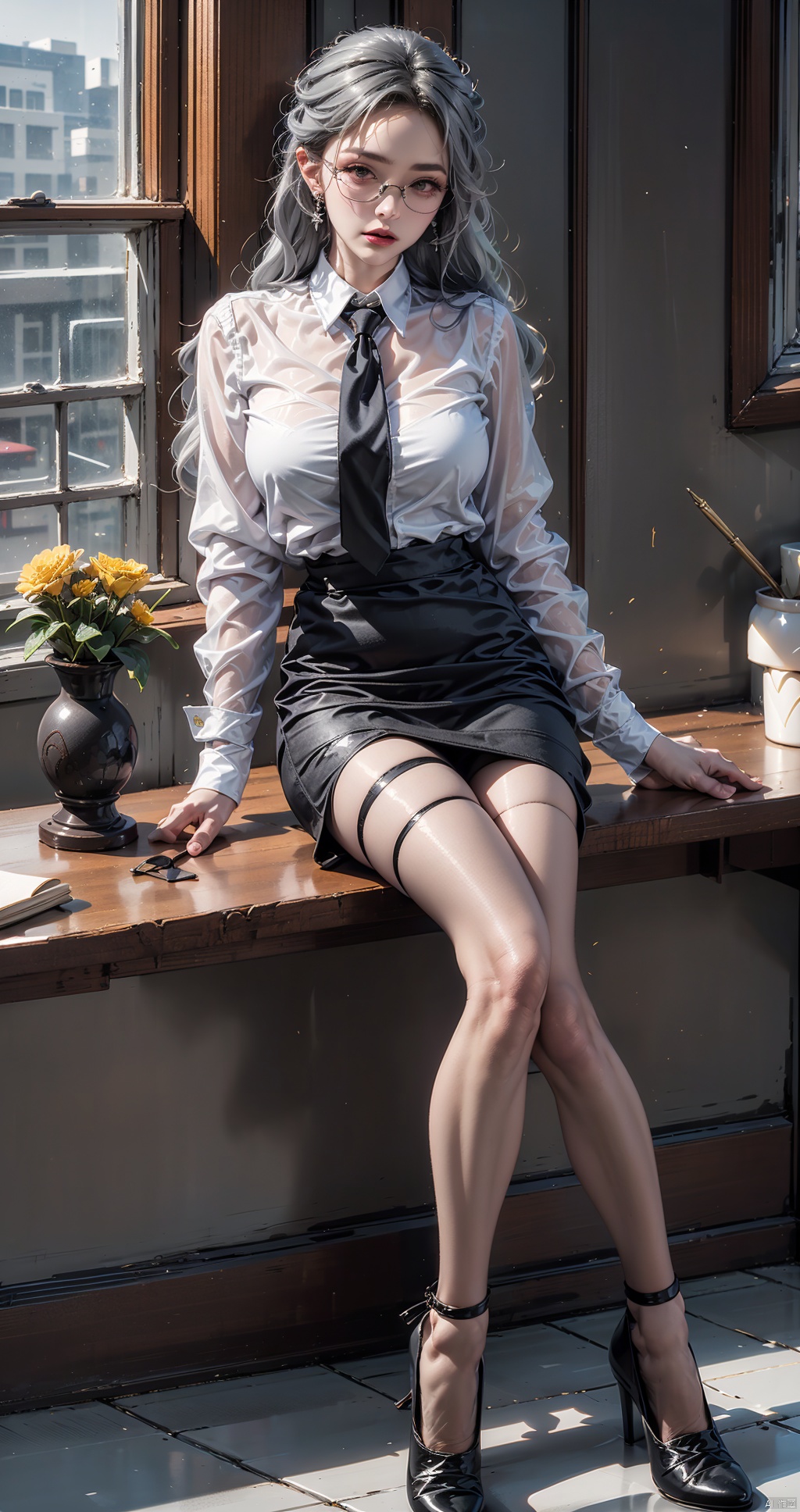  masterpiece,1girl, solo, long hair, looking at viewer, skirt, shirt, long sleeves, jewelry, sitting, underwear, full body, white shirt, flower, grey hair, pantyhose, earrings, necktie, glasses, collared shirt, indoors, miniskirt, black skirt, black footwear, blurry, high heels, lips, see-through, legs, grey eyes, black pantyhose, window, table, black necktie, pencil skirt, thighband pantyhose, adjusting eyewear, lamp, office lady, vase