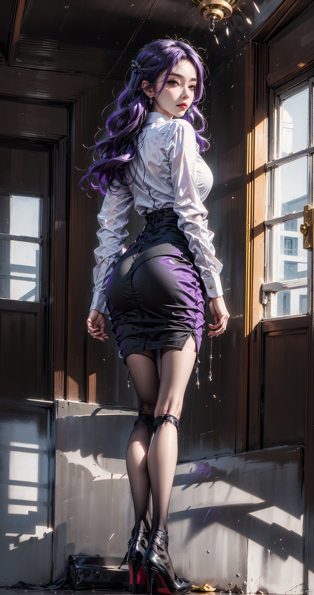  masterpiece,1girl, solo, long hair, breasts, looking at viewer, bangs, skirt, large breasts, shirt, long sleeves, jewelry, standing, purple eyes, full body, white shirt, black hair, ass, pantyhose, earrings, parted lips, looking back, indoors, black skirt, from behind, black footwear, high heels, lips, black pantyhose, window, pencil skirt, high-waist skirt, kneepits, office lady, ,云霄仙子,purple hair,柳神