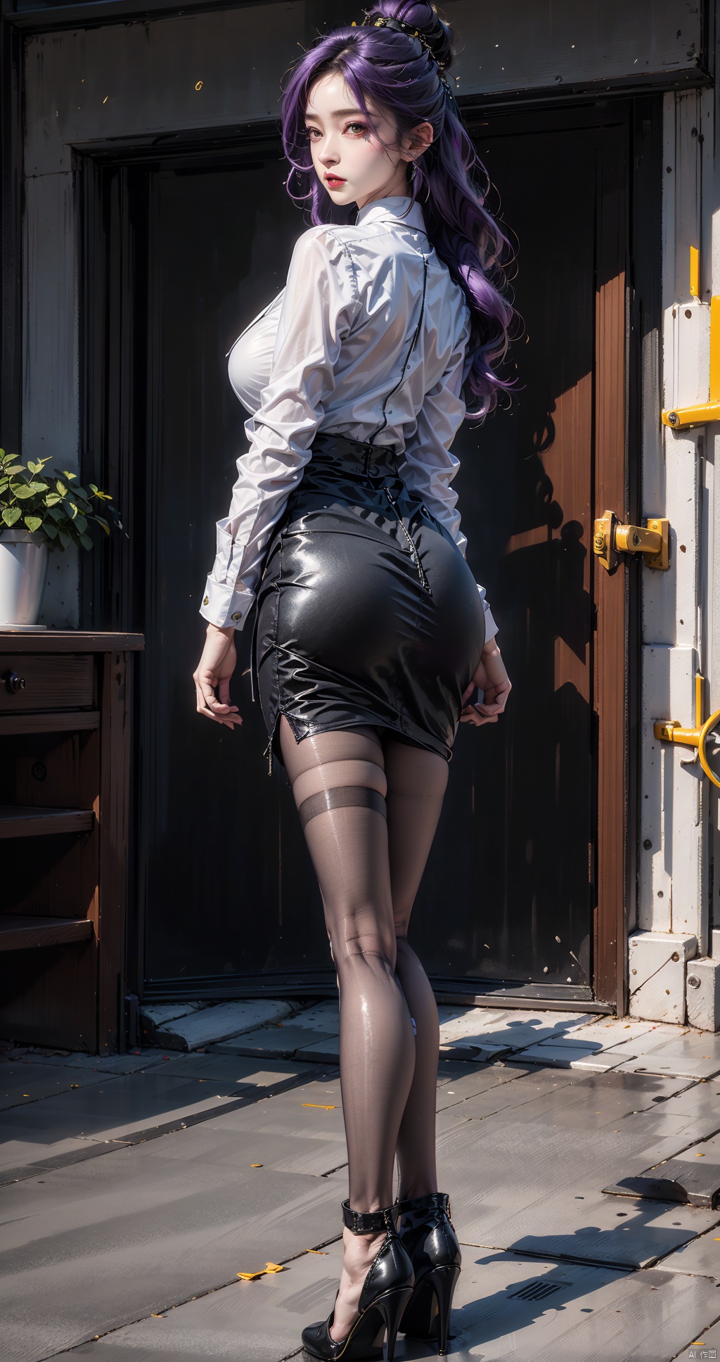  masterpiece,1girl, solo, long hair, breasts, looking at viewer, bangs, skirt, large breasts, shirt, long sleeves, jewelry, standing, purple eyes, full body, white shirt, black hair, ass, pantyhose, earrings, parted lips, looking back, indoors, black skirt, from behind, black footwear, high heels, lips, black pantyhose, window, pencil skirt, high-waist skirt, kneepits, office lady, ,云霄仙子,purple hair,柳神