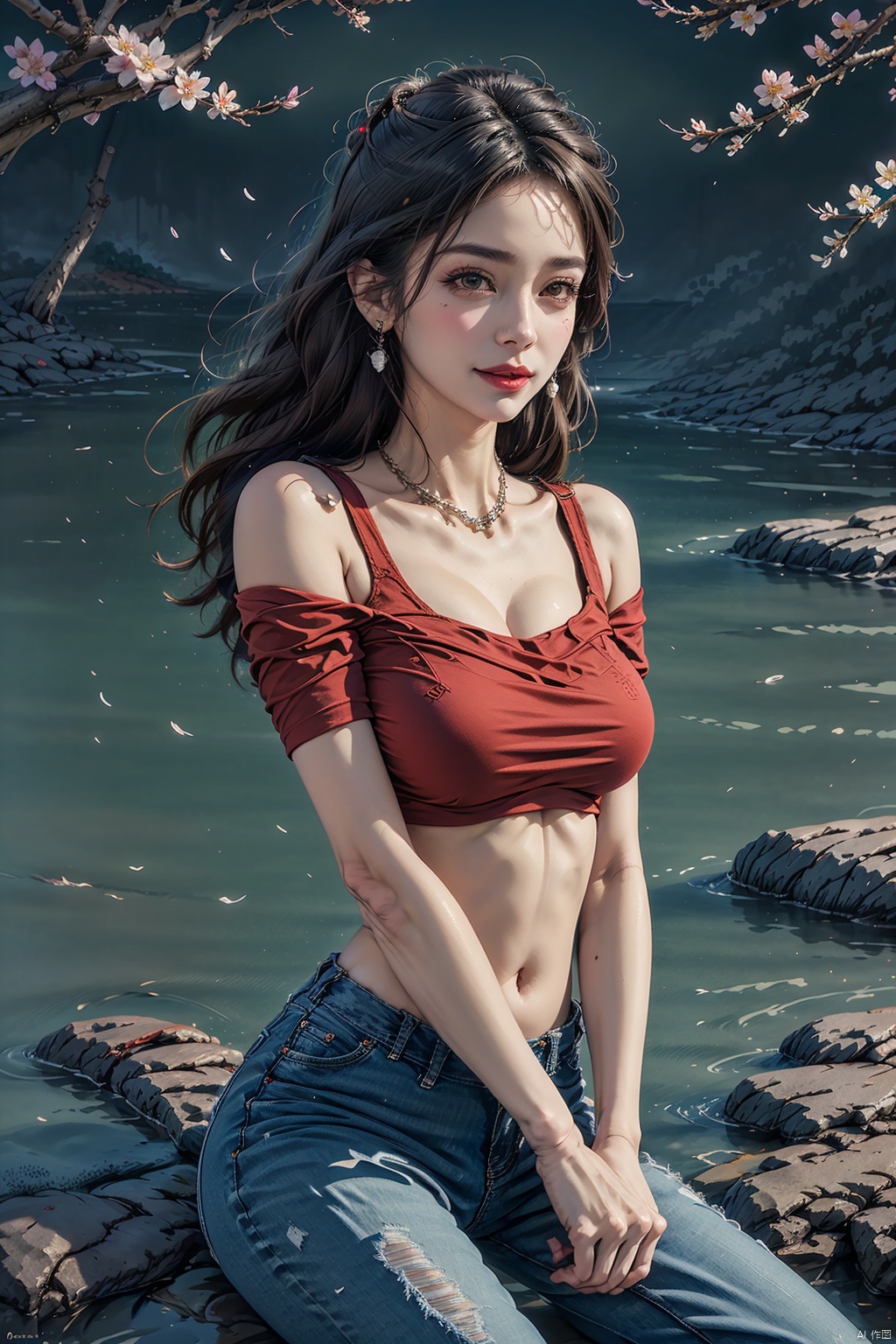  masterpiece, ultra-clear picture quality, real effect, 8k ultra-clear, fine picture effect, 1girl, solo, long hair, breasts, looking at viewer, smile, brown hair, shirt, black hair, navel, jewelry, flower, short sleeves, earrings, outdoors, parted lips, day, midriff, pants, necklace, off shoulder, lips, crop top, head tilt, leaf, plant, denim, cherry blossoms, building, red shirt, jeans, realistic, off-shoulder shirt, red lips