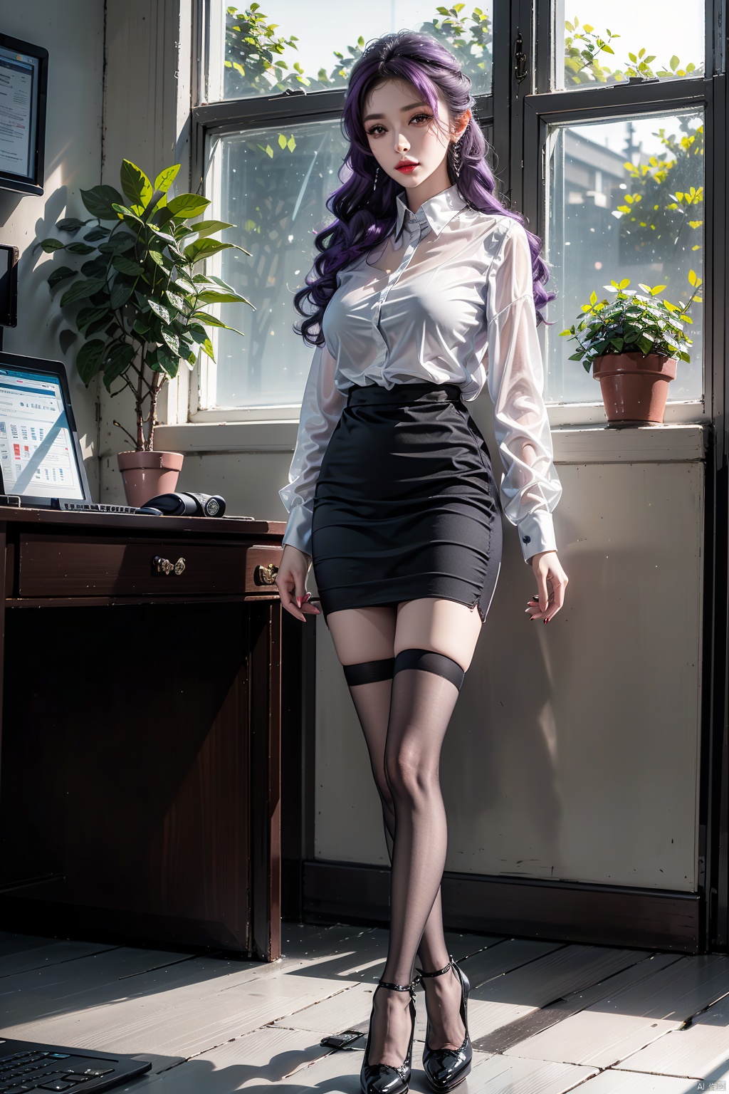  masterpiece, ultra-clear picture quality, real effect, 8k ultra-clear, fine picture effect, ((poakl)),1girl, solo, long hair, breasts, looking at viewer, skirt, shirt, thighhighs, long sleeves, jewelry, medium breasts, closed mouth, standing, full body, white shirt, purple hair, earrings, collared shirt, black thighhighs, indoors, miniskirt, black skirt, nail polish, black footwear, high heels, lips, zettai ryouiki, window, dress shirt, makeup, chair, table, crossed legs, plant, desk, pencil skirt, red lips, potted plant, office lady, computer, monitor, laptop, office,