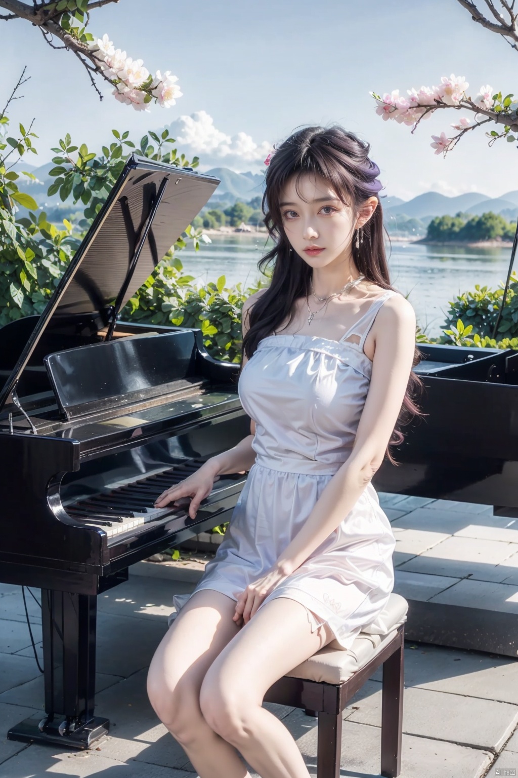  masterpiece,best quality,high quality,(colorful),[artist onineko],[artist chen bin],[artist agwing86],artist xukong, 1girl, solo, piano, instrument, purple hair, long hair, dress, sitting, bird, purple eyes, white dress, feathers, grand piano, scenery, ruins, matou sakura, music, playing instrument,云霄,purple hair