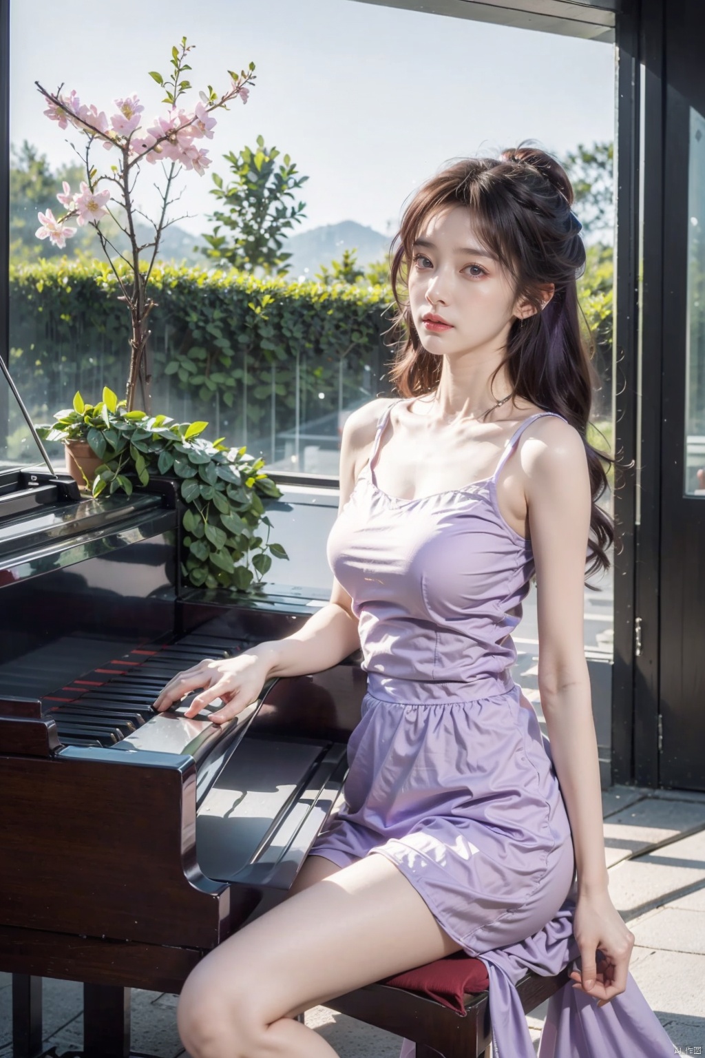  masterpiece,best quality,high quality,(colorful),[artist onineko],[artist chen bin],[artist agwing86],artist xukong, 1girl, solo, piano, instrument, purple hair, long hair, dress, sitting, bird, purple eyes, white dress, feathers, grand piano, scenery, ruins, matou sakura, music, playing instrument,云霄,purple hair
