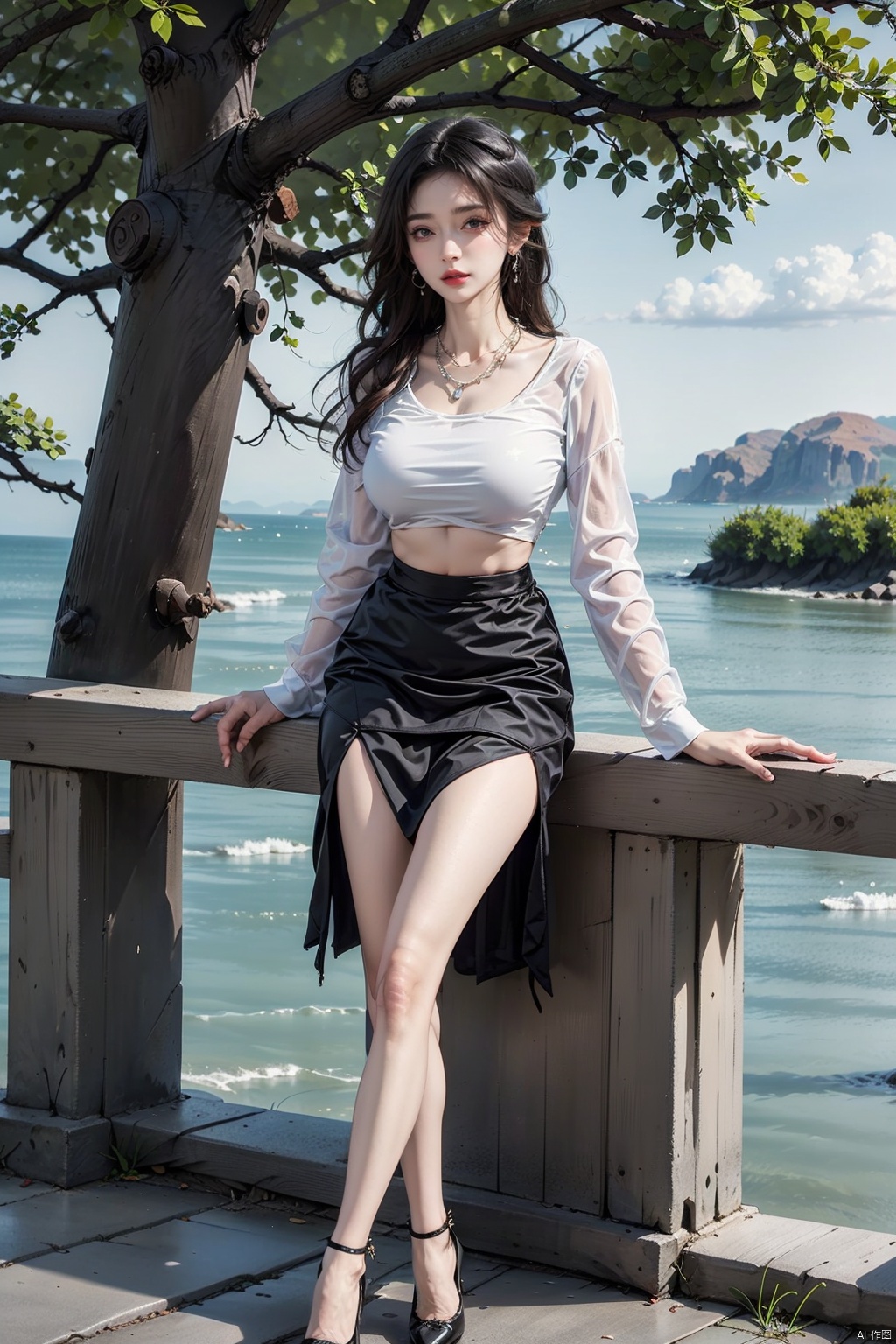  masterpiece, ultra-clear picture quality, real effect, 8k ultra-clear, fine picture effect,1girl, solo, long hair, breasts, looking at viewer, skirt, shirt, black hair, long sleeves, navel, holding, jewelry, sitting, full body, white shirt, earrings, outdoors, parted lips, day, midriff, black skirt, necklace, black footwear, high heels, tree, crop top, bare legs, makeup, sunlight, side slit, high-waist skirt, long skirt, red lips
