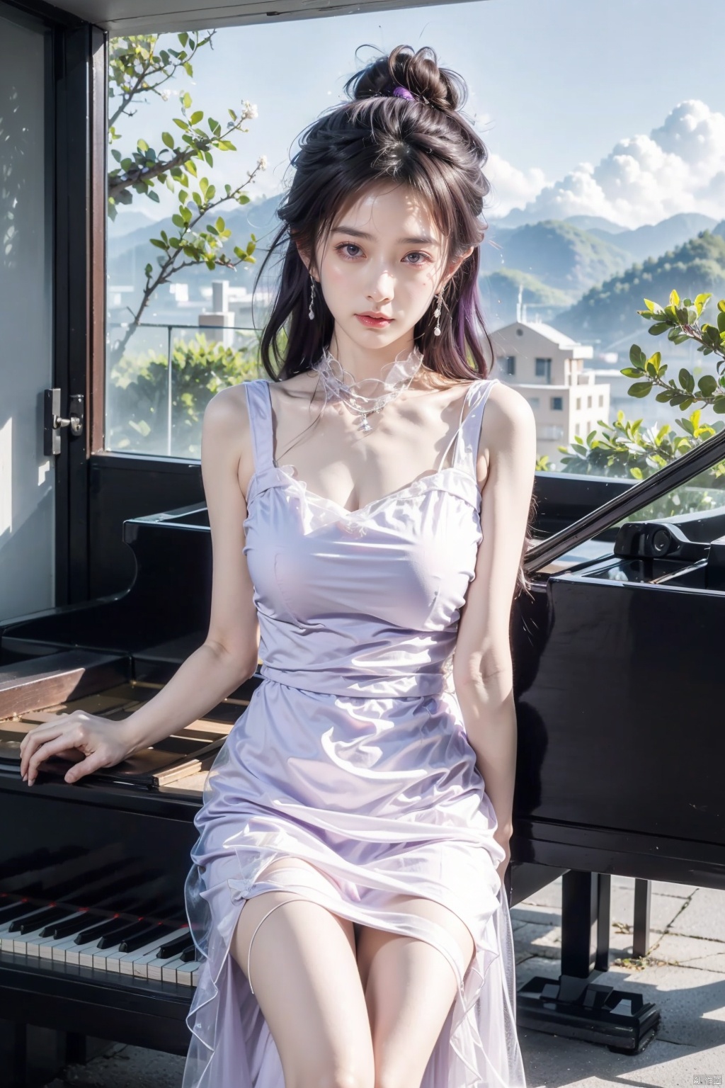  masterpiece,best quality,high quality,(colorful),[artist onineko],[artist chen bin],[artist agwing86],artist xukong, 1girl, solo, piano, instrument, purple hair, long hair, dress, sitting, bird, purple eyes, white dress, feathers, grand piano, scenery, ruins, matou sakura, music, playing instrument,云霄,purple hair