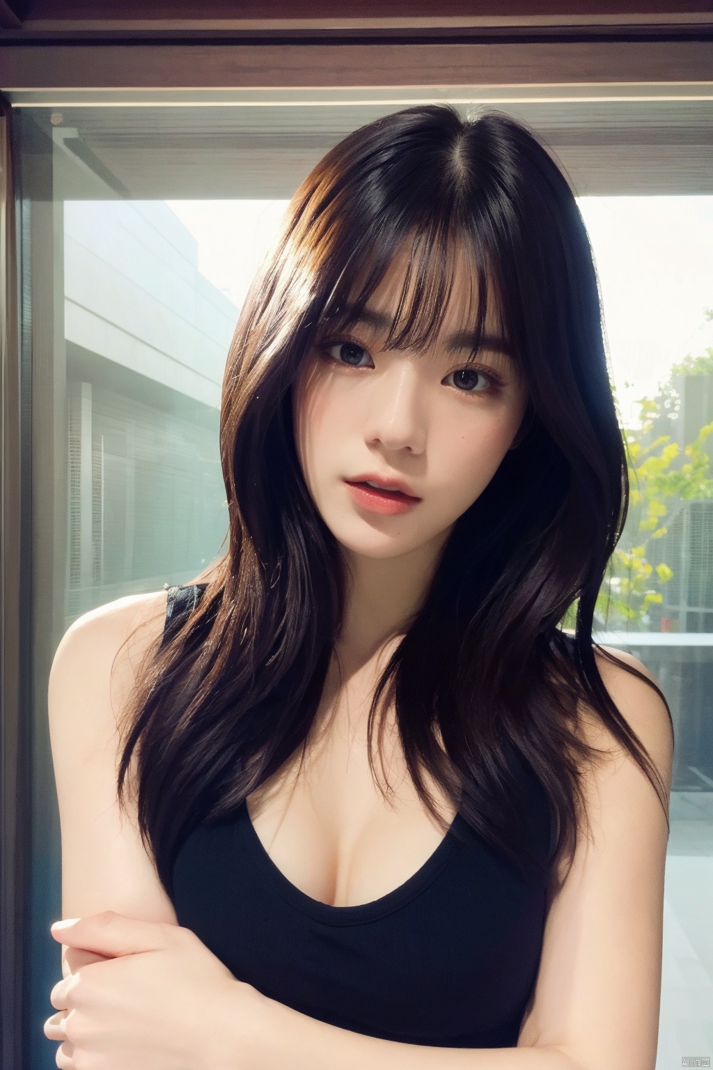 ( Best Quality: 1.2 ), ( Ultra HD: 1.2 ), ( Ultra-High Resolution: 1.2 ), best quality,masterpiece,4k,1girl,upper body,Cover your chest with one hand,solo,skinny,long hair,Straight hair,Black hair, 1girl