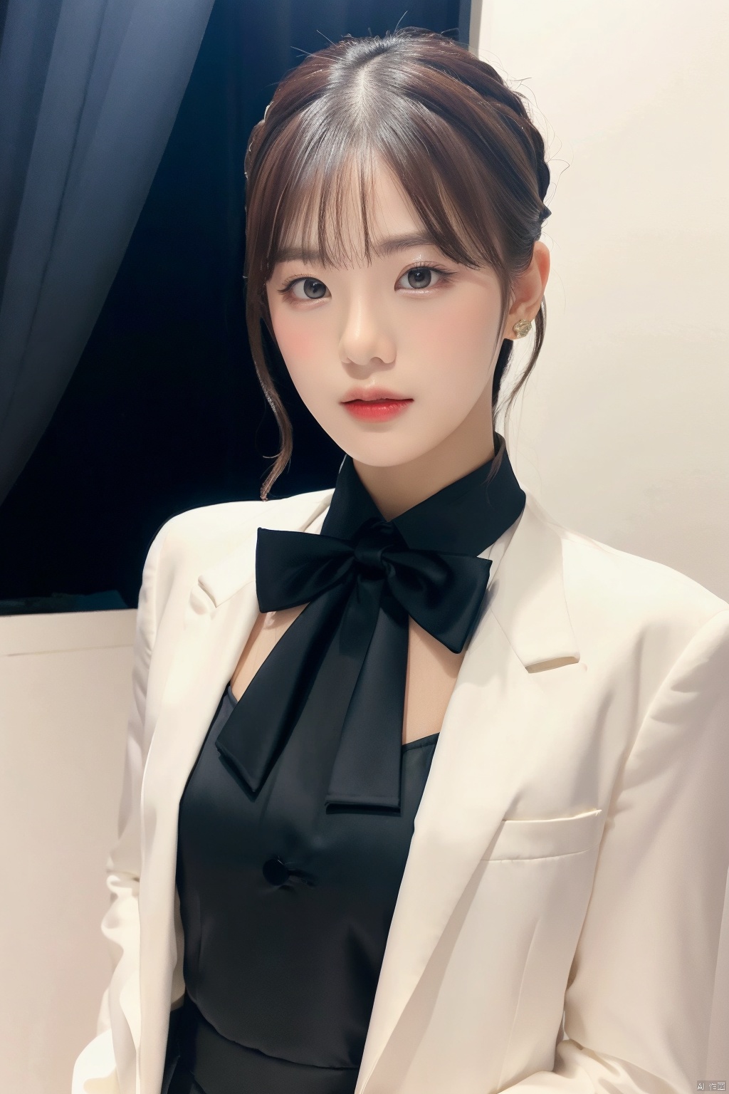 1girl, black  random formal attire, white background,   