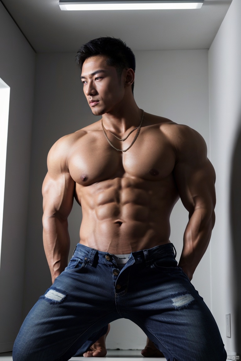 jzns,szz,1man,realistic,handsome,asian,solo,male focus,bodybuilder,black hair,muscular,necklace,short hair,kneeling,(unbutton jeans),(underwear waistband),fluorescent light,masterpiece, realistic, Realism, best quality, highly detailed, 8K Ultra HD, sharp focus, profession,jm