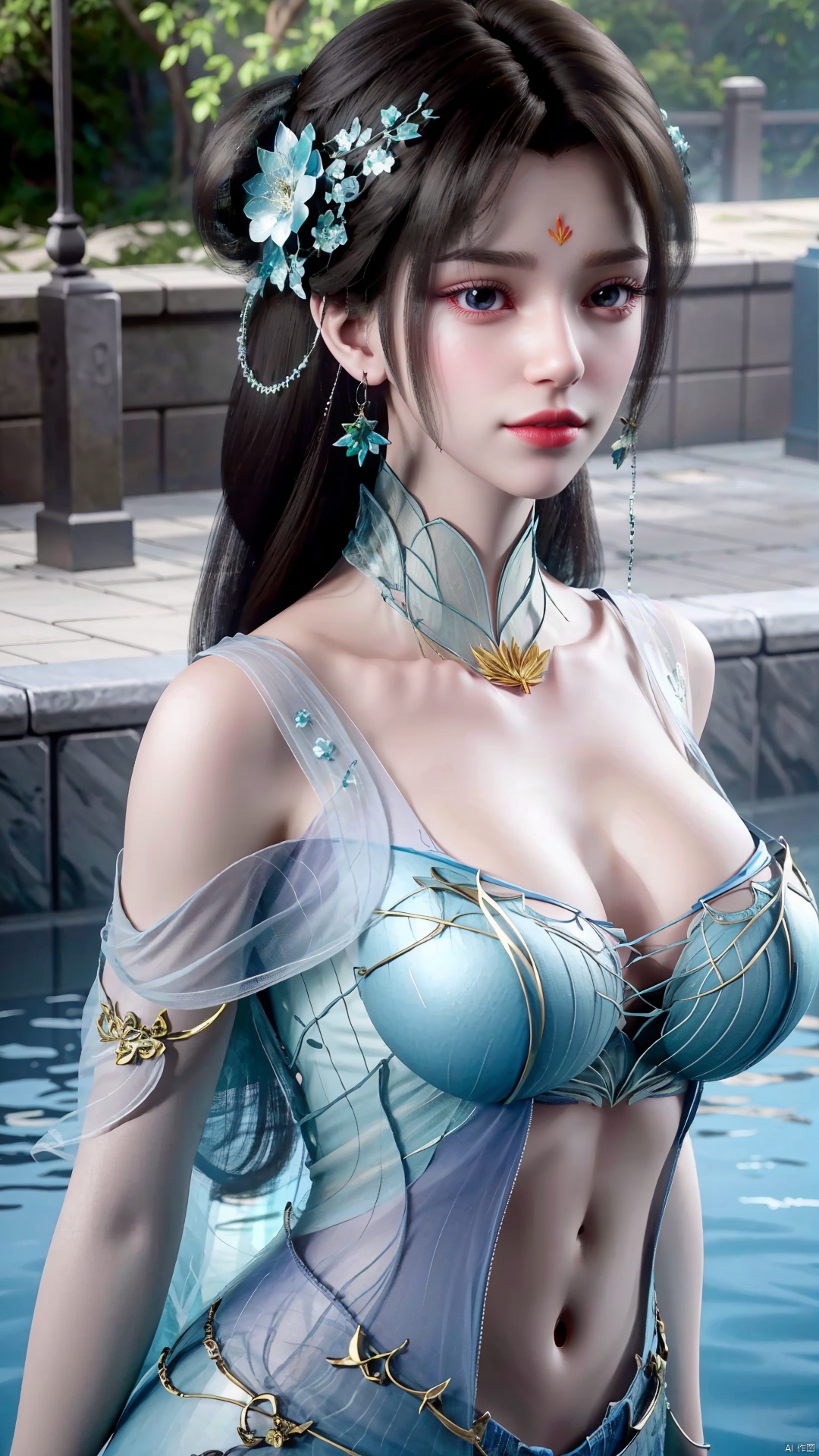 1girl, solo, jewelry, water, hair ornament, forehead mark, earrings, necklace, facial mark, realistic, tube top, looking at viewer, mischevious smile, perfect body, scenery, sharp focus, best quality, masterpiece, detailed outfit, illustration, perfect eyes, finely detailed beautiful anime eyes, realistic skin, intricate details, best lighting, depth of field, ultra high resolution,upper_body, dynamic pose, dynamic angle,Xchengling, ,(big breasts:1.23),hanfu,Xyunxi,Xhuolinger,Xliushen