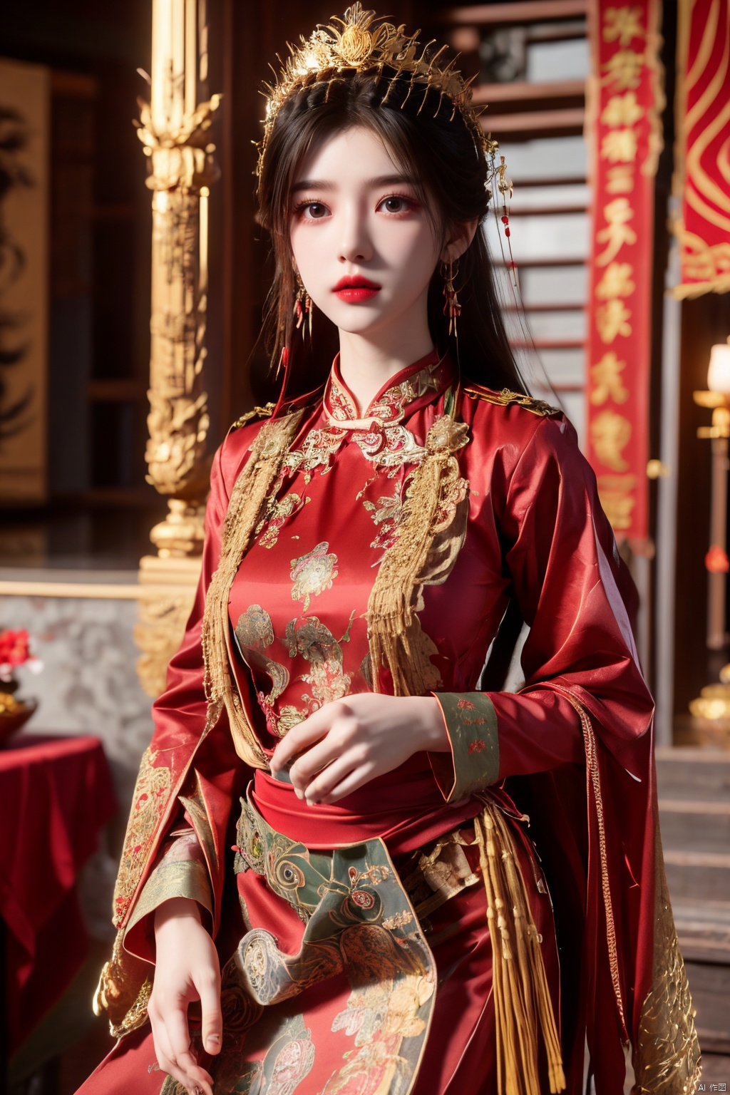 masterpiece,1girl,black eyes,black hair,chinese clothes,crown,floral print,gem,gold,jewelry,long hair,looking at viewer,makeup,red lips,solo,earrings,hair ornament,,red dress,Red cloth shoes,indoor, traditional wedding, festive, wedding, ,Xlimuwan, hanfu,fengguanxiapei,Xchengling,Xyunxi, Yunxiao_Fairy,Xyunluo