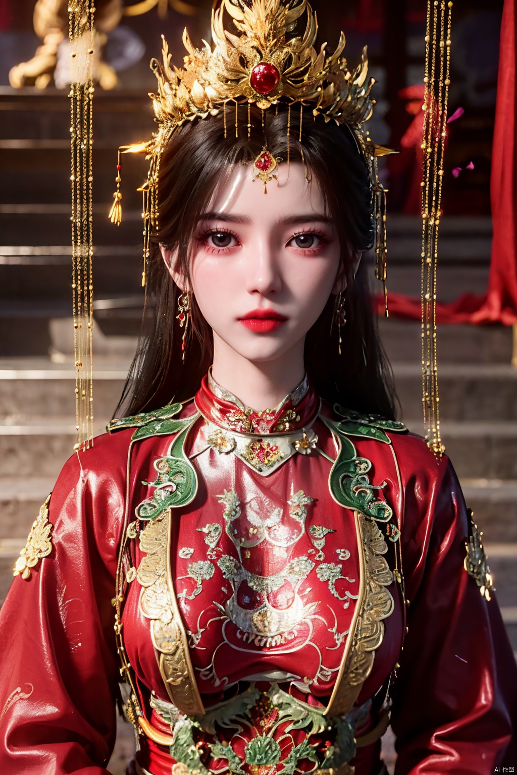 masterpiece,1girl,black eyes,black hair,chinese clothes,crown,floral print,gem,gold,jewelry,long hair,looking at viewer,makeup,red lips,solo,earrings,hair ornament,,red dress,Red cloth shoes,indoor, traditional wedding, festive, wedding, ,Xlimuwan, hanfu,fengguanxiapei,Xchengling,Xyunxi, Yunxiao_Fairy,Xyunluo