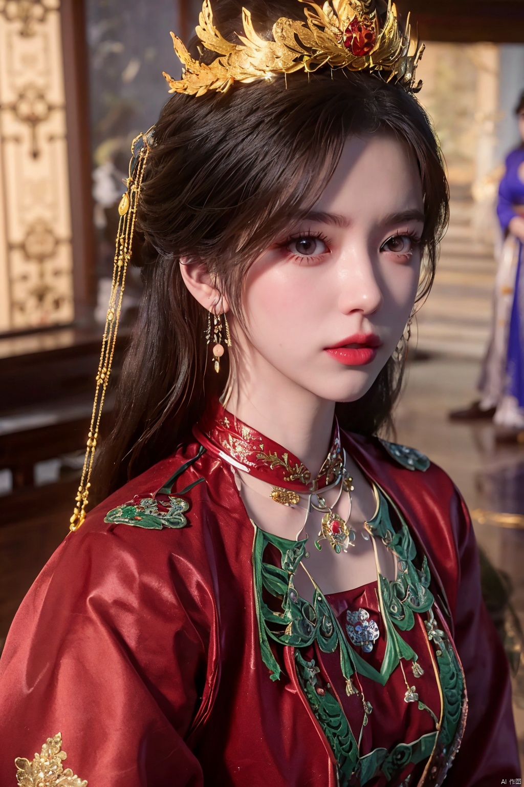 masterpiece,1girl,artist name,bangs,black eyes,black hair,chinese clothes,crown,floral print,gem,gold,jewelry,lips,lipstick,long hair,looking at viewer,makeup,red lips,solo,earrings,hair ornament,necklace,red dress,Red cloth shoes,indoor, traditional wedding, festive, wedding, ,Xlimuwan, hanfu,fengguanxiapei,Xchengling,Xyunxi, Yunxiao_Fairy,Xyunluo