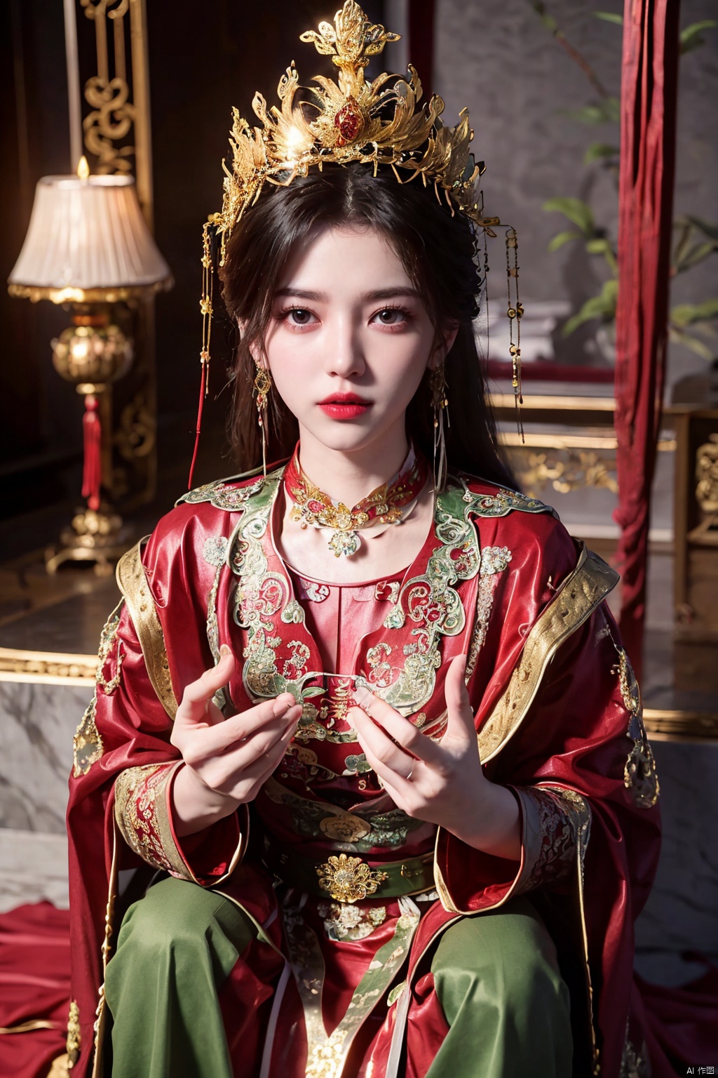 masterpiece,1girl,artist name,bangs,black eyes,black hair,chinese clothes,crown,floral print,gem,gold,jewelry,lips,lipstick,long hair,looking at viewer,makeup,red lips,solo,earrings,hair ornament,necklace,red dress,Red cloth shoes,indoor, traditional wedding, festive, wedding, ,Xlimuwan, hanfu,fengguanxiapei,Xchengling,Xyunxi, Yunxiao_Fairy