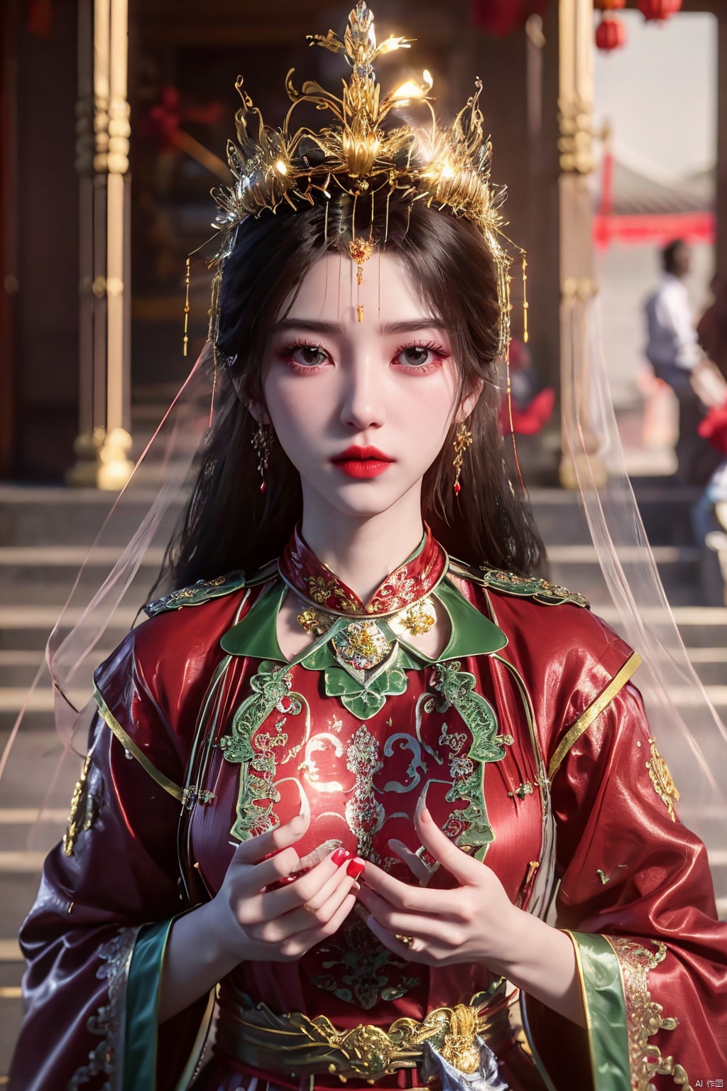 masterpiece,1girl,black eyes,black hair,chinese clothes,crown,floral print,gem,gold,jewelry,long hair,looking at viewer,makeup,red lips,solo,earrings,hair ornament,,red dress,Red cloth shoes,indoor, traditional wedding, festive, wedding, ,Xlimuwan, hanfu,fengguanxiapei,Xchengling,Xyunxi, Yunxiao_Fairy,Xyunluo