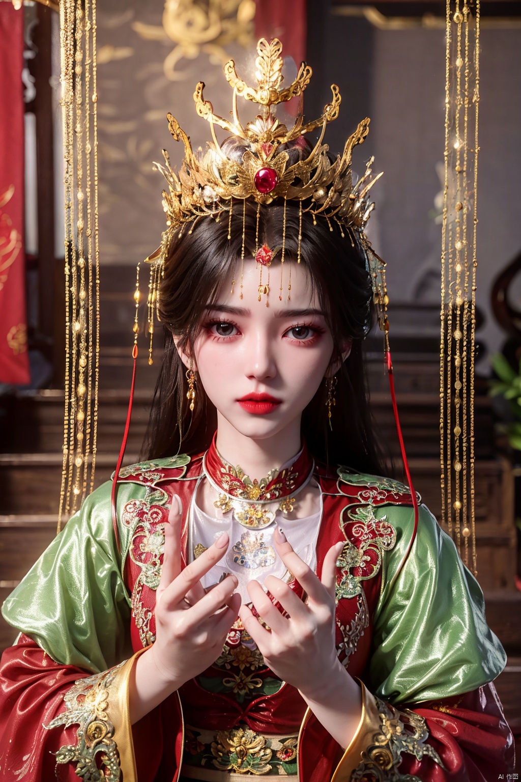 masterpiece,1girl,artist name,bangs,black eyes,black hair,chinese clothes,crown,floral print,gem,gold,jewelry,lips,lipstick,long hair,looking at viewer,makeup,red lips,solo,earrings,hair ornament,,red dress,Red cloth shoes,indoor, traditional wedding, festive, wedding, ,Xlimuwan, hanfu,fengguanxiapei,Xchengling,Xyunxi, Yunxiao_Fairy,Xyunluo