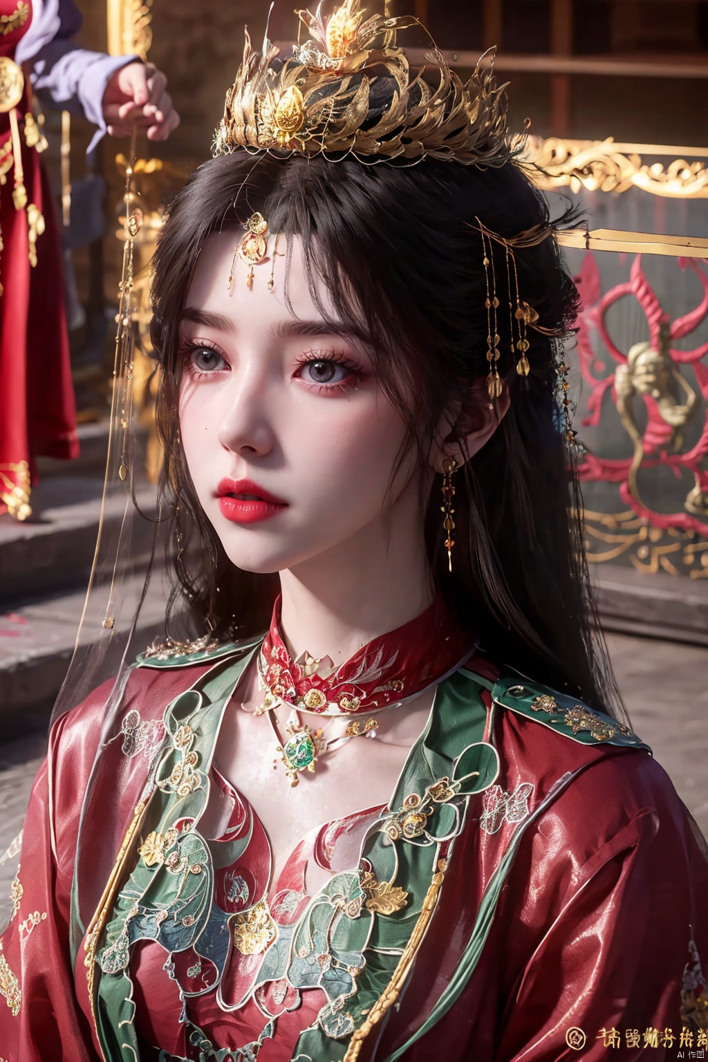 masterpiece,1girl,artist name,bangs,black eyes,black hair,chinese clothes,crown,floral print,gem,gold,jewelry,lips,lipstick,long hair,looking at viewer,makeup,red lips,solo,earrings,hair ornament,necklace,red dress,Red cloth shoes,indoor, traditional wedding, festive, wedding, ,Xlimuwan, hanfu,fengguanxiapei,Xchengling,Xyunxi, Yunxiao_Fairy,Xyunluo