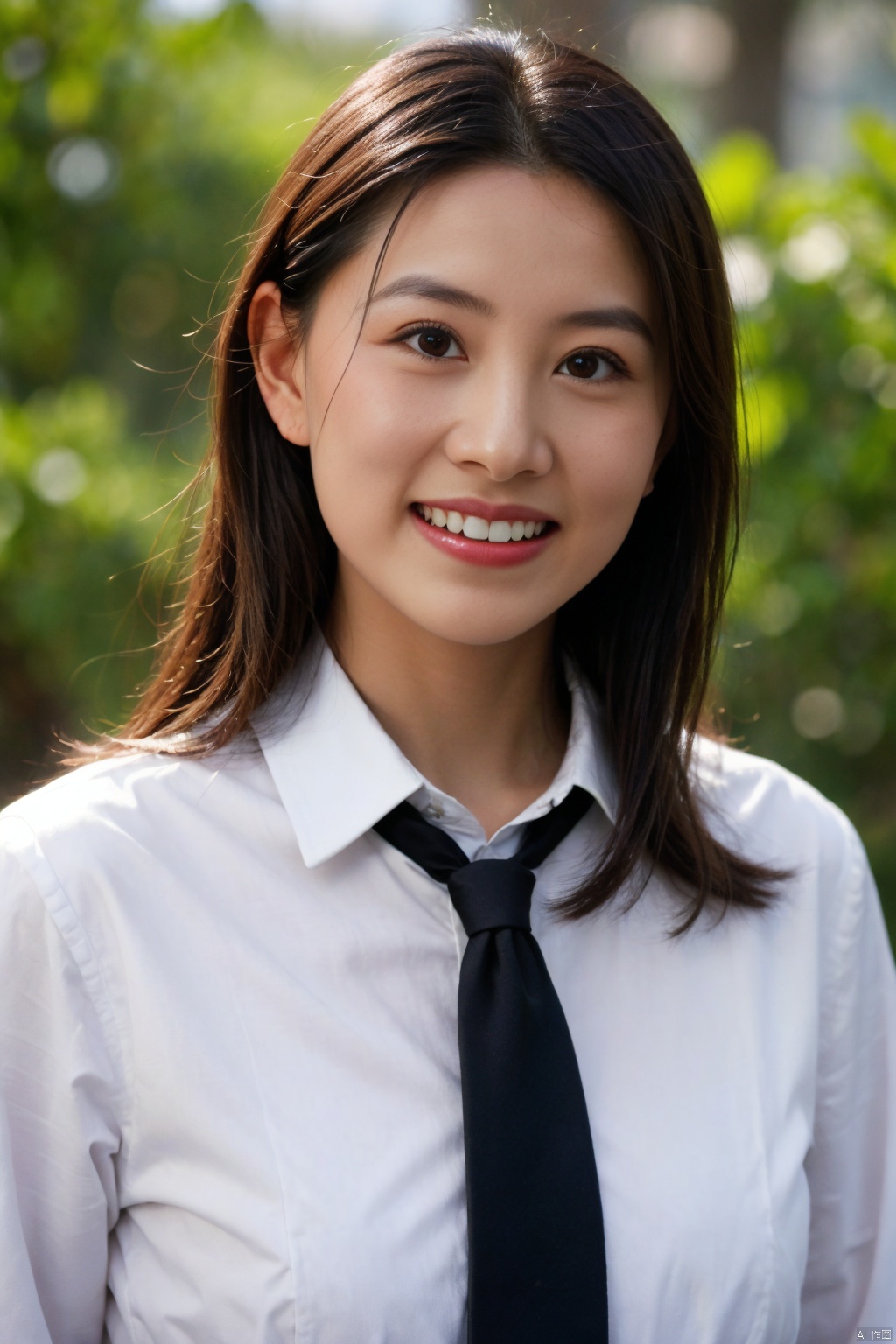 1girl, solo, long hair, looking at viewer, smile, bangs, brown hair, shirt, black hair, brown eyes, school uniform, jacket, white shirt, upper body, necktie, teeth, collared shirt, grin, black eyes, red necktie, realistic