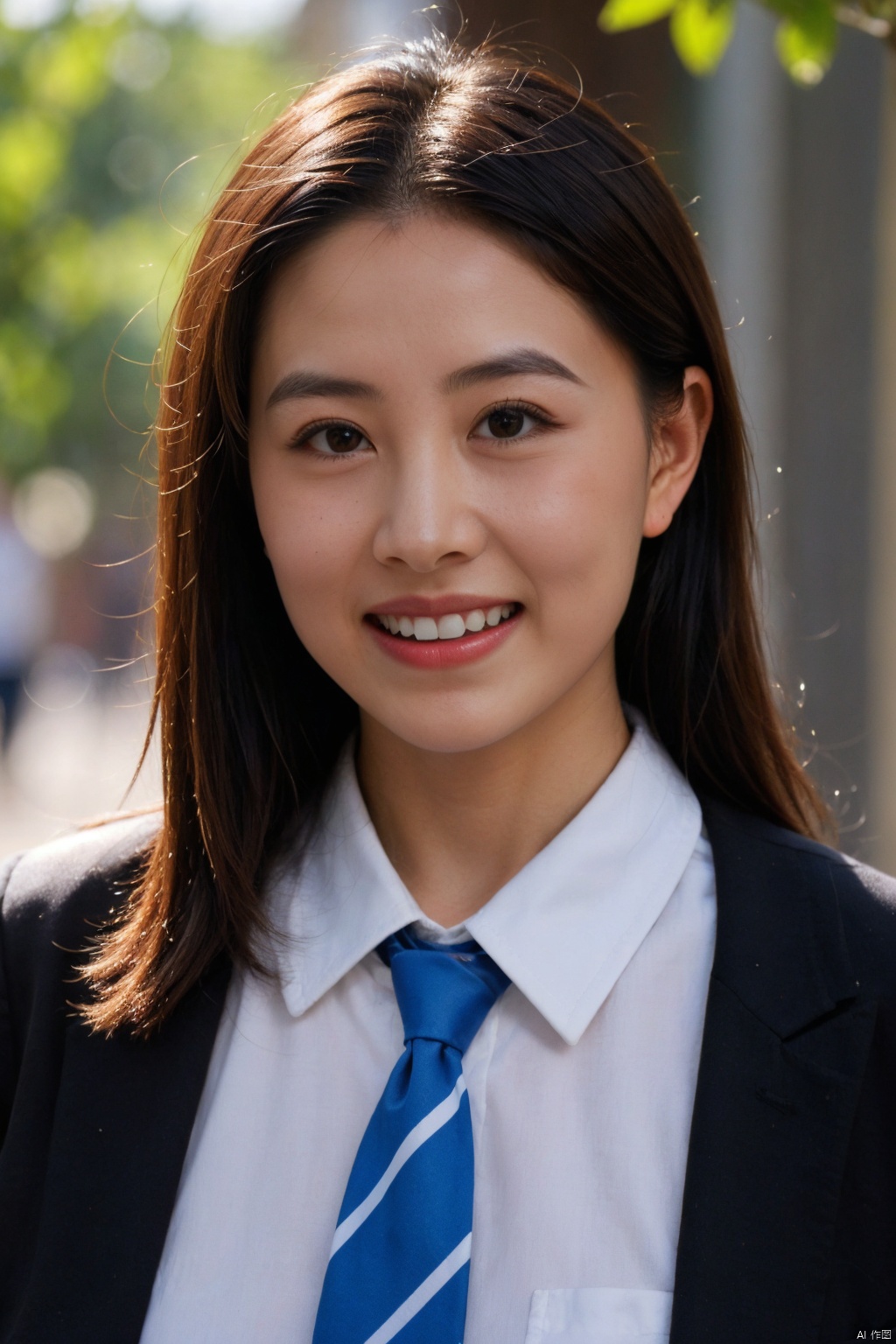 1girl, solo, long hair, looking at viewer, smile, bangs, brown hair, shirt, black hair, brown eyes, school uniform, jacket, white shirt, upper body, necktie, teeth, collared shirt, grin, black eyes, red necktie, realistic