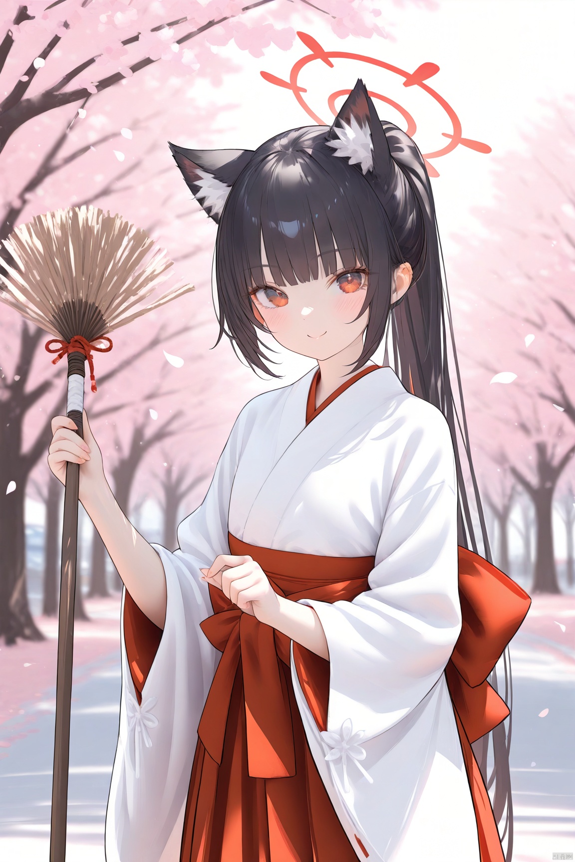  1girl,solo,(masterpiece:1.3),( beautiful:1.2),(high quality:1.2),(finely detailed:1.2),extremely detailed CG unity 8k wallpaper,best quality,a very delicate and beautiful,perfect fingers,(one cute girl at the center:1.2),
1girl, solo, looking at viewer, blush, smile, bangs, skirt, black hair, red eyes, long sleeves, holding, animal ears, ponytail, outdoors, japanese clothes, alternate costume, wide sleeves, kimono, blurry, petals, blurry background, halo, cherry blossoms, hakama, hakama skirt, extra ears, broom, miko, red hakama, holding broom