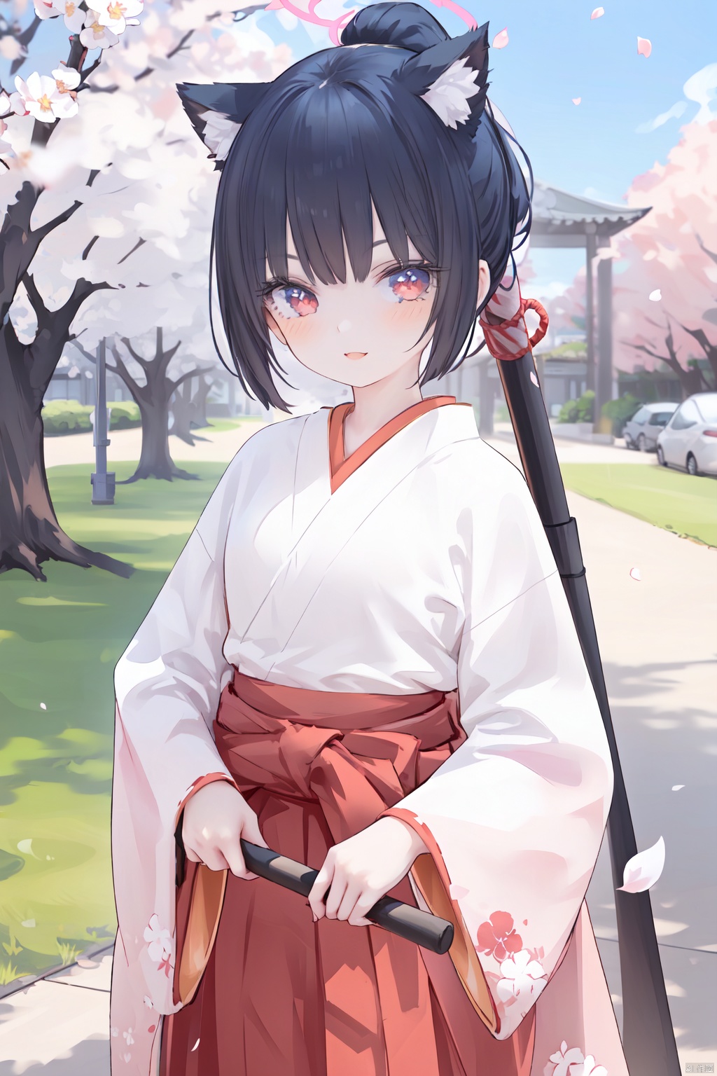 1girl,solo,(masterpiece:1.3),( beautiful:1.2),(high quality:1.2),(finely detailed:1.2),extremely detailed CG unity 8k wallpaper,best quality,a very delicate and beautiful,perfect fingers,(one cute girl at the center:1.2),loli,

1girl, solo, looking at viewer, blush, smile, bangs, skirt, black hair, red eyes, long sleeves, holding, animal ears, ponytail, outdoors, japanese clothes, alternate costume, wide sleeves, kimono, blurry, petals, blurry background, halo, cherry blossoms, hakama, hakama skirt, extra ears, broom, miko, red hakama, holding broom, parted_lips, outdoors, blue sky,sunlight, clouds, school building,lawn, looking_at_viewer, shadow,  ,nonomiBA,smile,looking_at_viewer,serikaBA