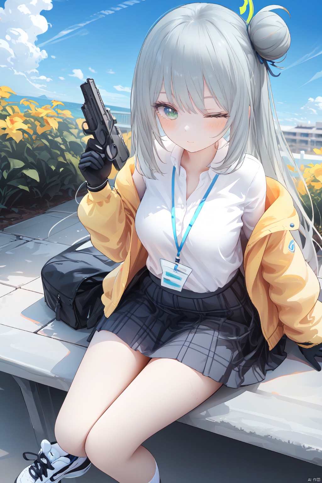 1girl,solo,(masterpiece:1.3),( beautiful:1.2),(high quality:1.2),(finely detailed:1.2),extremely detailed CG unity 8k wallpaper,best quality,a very delicate and beautiful,perfect fingers,(one cute girl at the center:1.2),loli,

1girl, solo, long hair, breasts, looking at viewer, blush, smile, bangs, skirt, medium breasts, brown hair, shirt, gloves, long sleeves, sitting, very long hair, closed mouth, school uniform, green eyes, jacket, white shirt, pleated skirt, one eye closed, open clothes, shoes, black gloves, socks, collared shirt, fingerless gloves, black skirt, off shoulder, hair bun, open jacket, gun, sleeves past wrists, plaid, dress shirt, halo, plaid skirt, single hair bun, black socks, sneakers, grey skirt, ;\), single side bun, yellow jacket, id card, nonomi \(blue archive\), parted_lips, outdoors, blue sky,sunlight, clouds, school building,lawn, looking_at_viewer, shadow,  ,nonomiBA,smile,looking_at_viewer