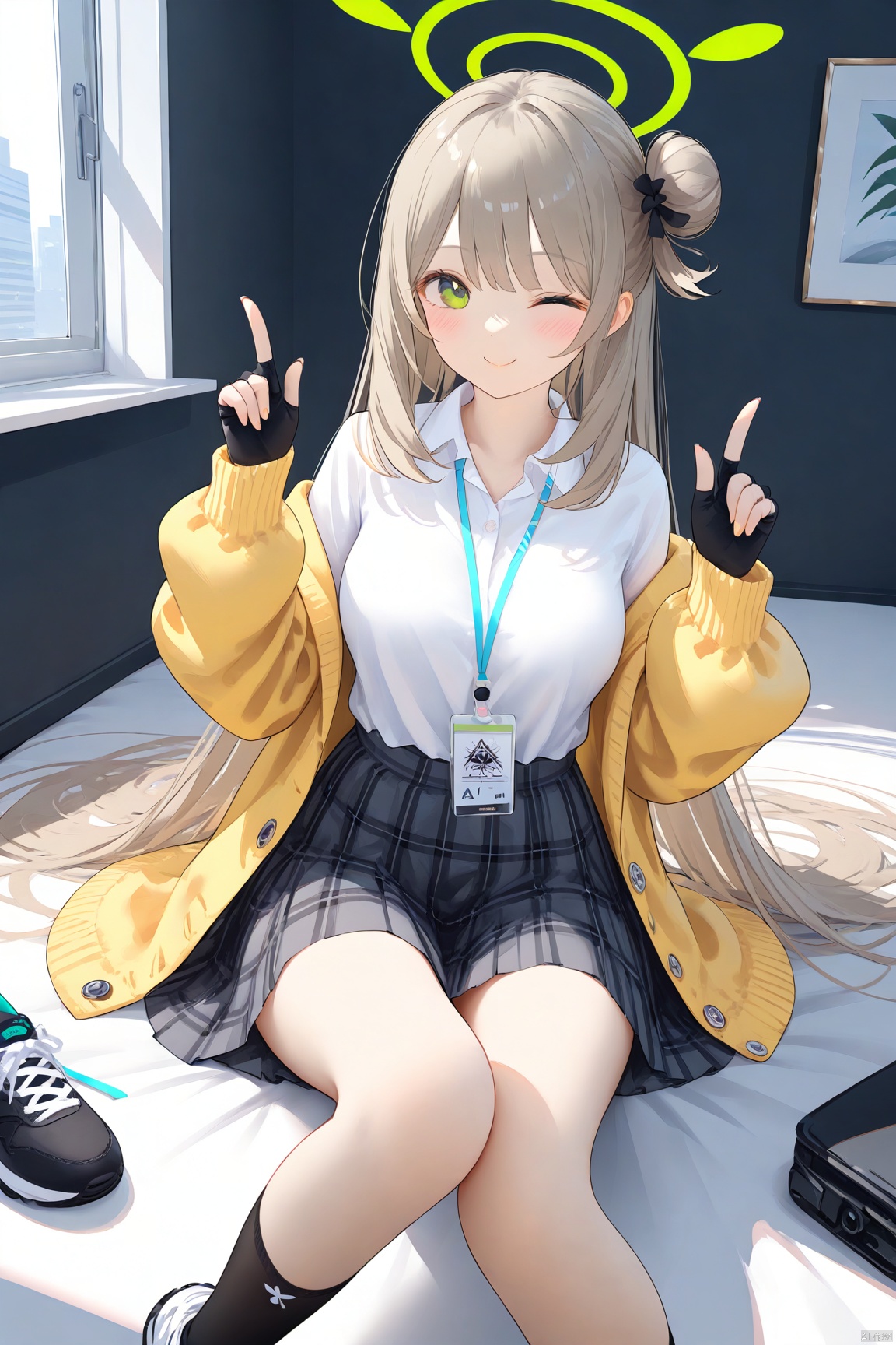  1girl,solo,(masterpiece:1.3),( beautiful:1.2),(high quality:1.2),(finely detailed:1.2),extremely detailed CG unity 8k wallpaper,best quality,a very delicate and beautiful,perfect fingers,(one cute girl at the center:1.2),
1girl, solo, long hair, breasts, looking at viewer, blush, smile, bangs, skirt, medium breasts, brown hair, shirt, gloves, long sleeves, sitting, very long hair, closed mouth, school uniform, green eyes, jacket, white shirt, pleated skirt, one eye closed, open clothes, shoes, black gloves, socks, collared shirt, fingerless gloves, black skirt, off shoulder, hair bun, open jacket, gun, sleeves past wrists, plaid, dress shirt, halo, plaid skirt, single hair bun, white footwear, black socks, sneakers, grey skirt, ;\), single side bun, yellow jacket, id card, nonomi \(blue archive\),nonomiBA,indoors