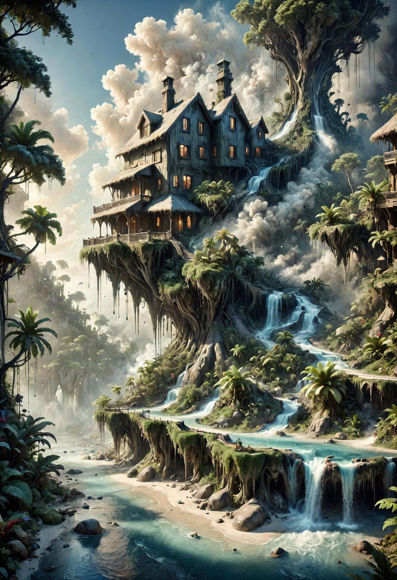 DonM5h4d0wM317XL ski resort town mansion in tropical rainforest biome by DonMischo on Tensor.Art