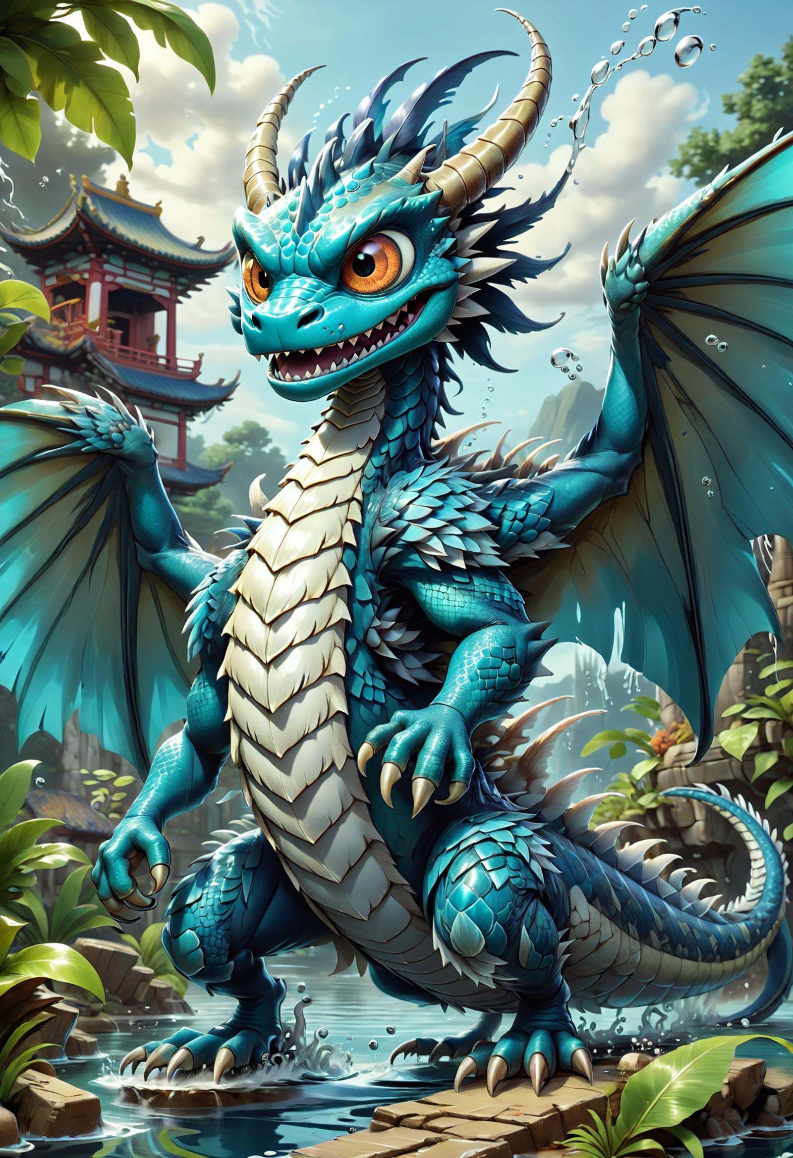 DonMC4r700nFu510nXL 2D illustration drawing organic aquatic force asian quadrupedal European Dragon,  feathered on Tensor.Art