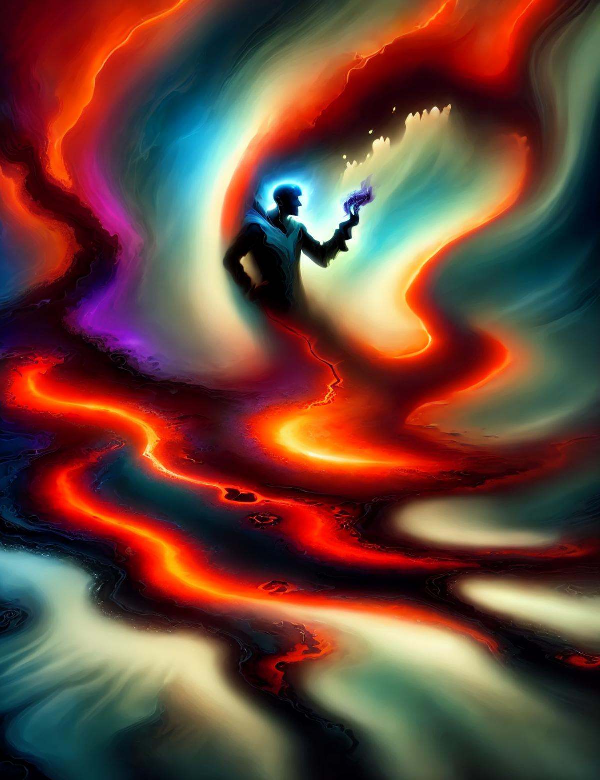DonM5h4d0wM317,  male elementalist Brewing potions voodoo shaped like Stream of quinacridone red orange oceanic nature and...
