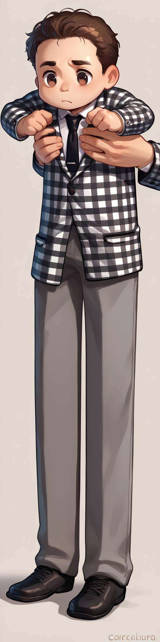 score_9, score_8_up, score_7_up, source_anime, IncrsXLLCM, full body, <lora:LongCatMeme_XLPD:1.1>, chibi, holding person, <lora:benny-fnv-richy-v1_pdxl:1> benny, brown hair, short hair, checkered suit, black necktie, grey pants