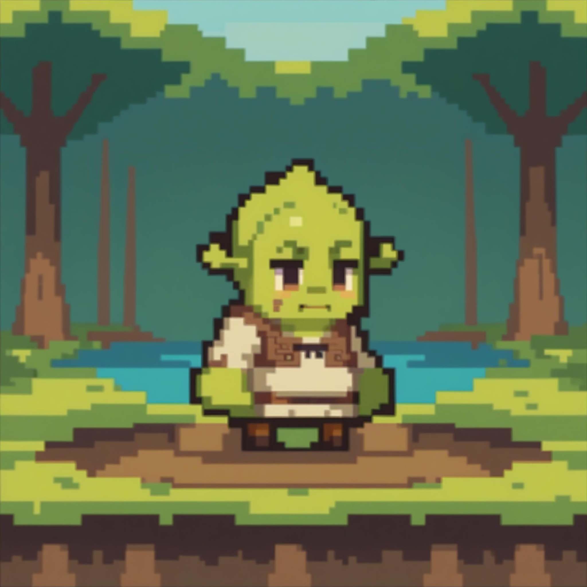 score_9, score_8_up, score_7_up, source_anime, chibi, pixel art, full body, <lora:ChibiPixelArt_XLPD:0.8>, <lora:Shrek_XLPD:1> shrek, green skin, outdoors, wetland, swamp, dirt, 1boy, tree, 