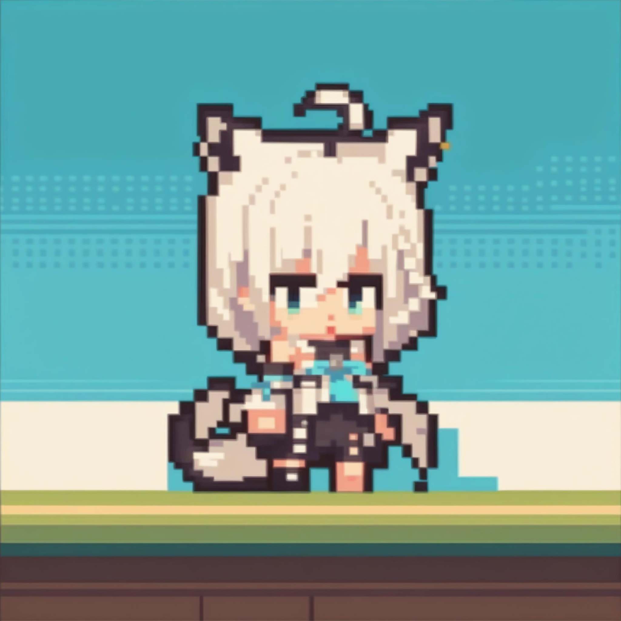 score_9, score_8_up, score_7_up, source_anime, chibi, pixel art, full body, <lora:ChibiPixelArt_XLPD:1>, <lora:shirakami_fubuki_sdxl_pony-4:0.8>, fubuki_base, white blouse, detached sleeves, black shorts, blue neckerchief, thigh strap, single thighhigh, white hair, single side braid, ahoge, piercing, fox tail, 