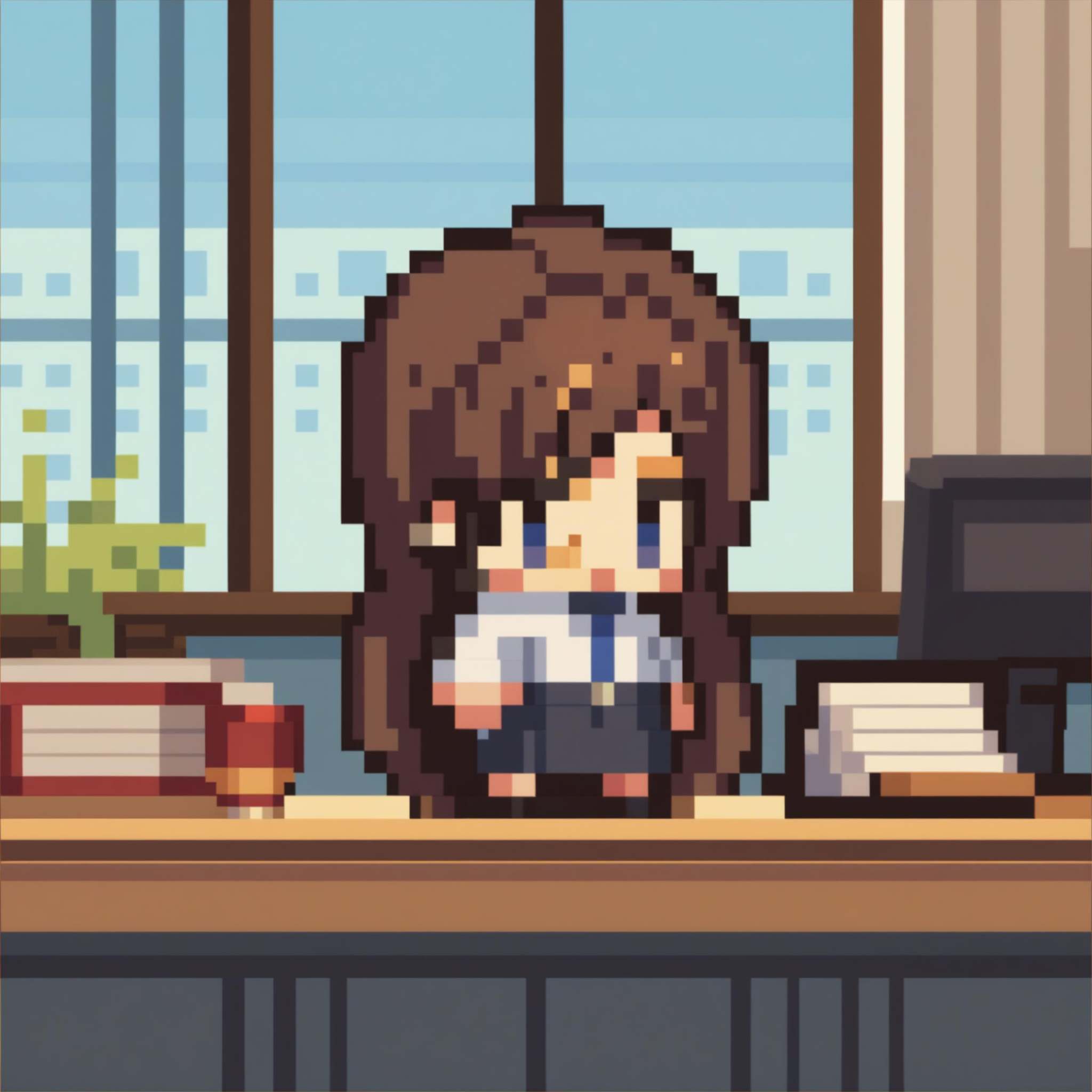 score_9, score_8_up, score_7_up, source_anime, 1girl, chibi, pixel art, full body, <lora:ChibiPixelArtV2_XLPD:1>, office lady, office, desk, chair, window, sitting, 