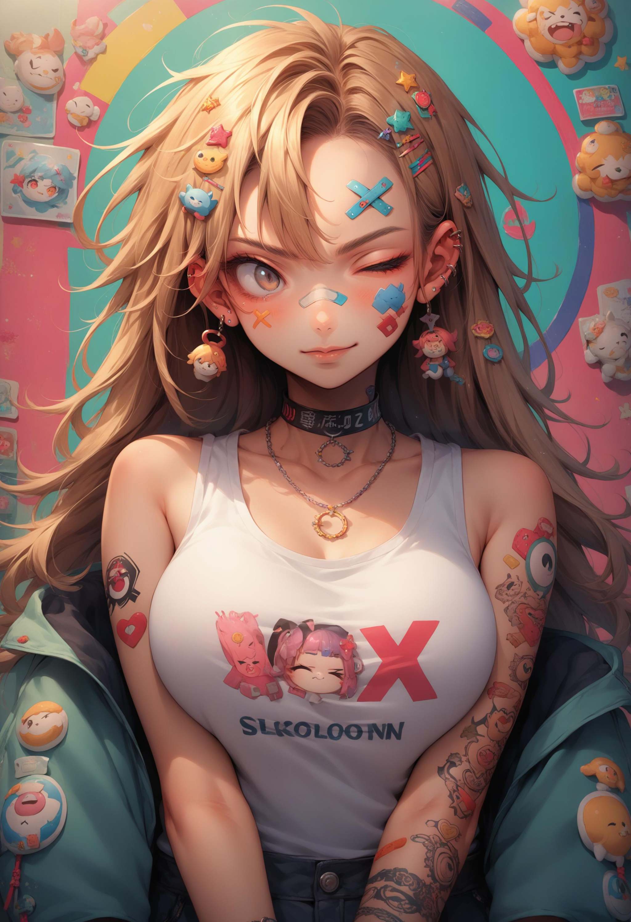 score_9, score_8_up, score_7_up, source_anime, 1girl, jewelry, sticker, hair ornament, hairclip, ear piercing, bandaid on face, ring, choker, necklace, bandaid on hand, tattoo, <lora:ArtstyleStickerV2_XLPD:1.25>, colorful, **** top, large breasts, wink star, one eye closed, "Fallen"