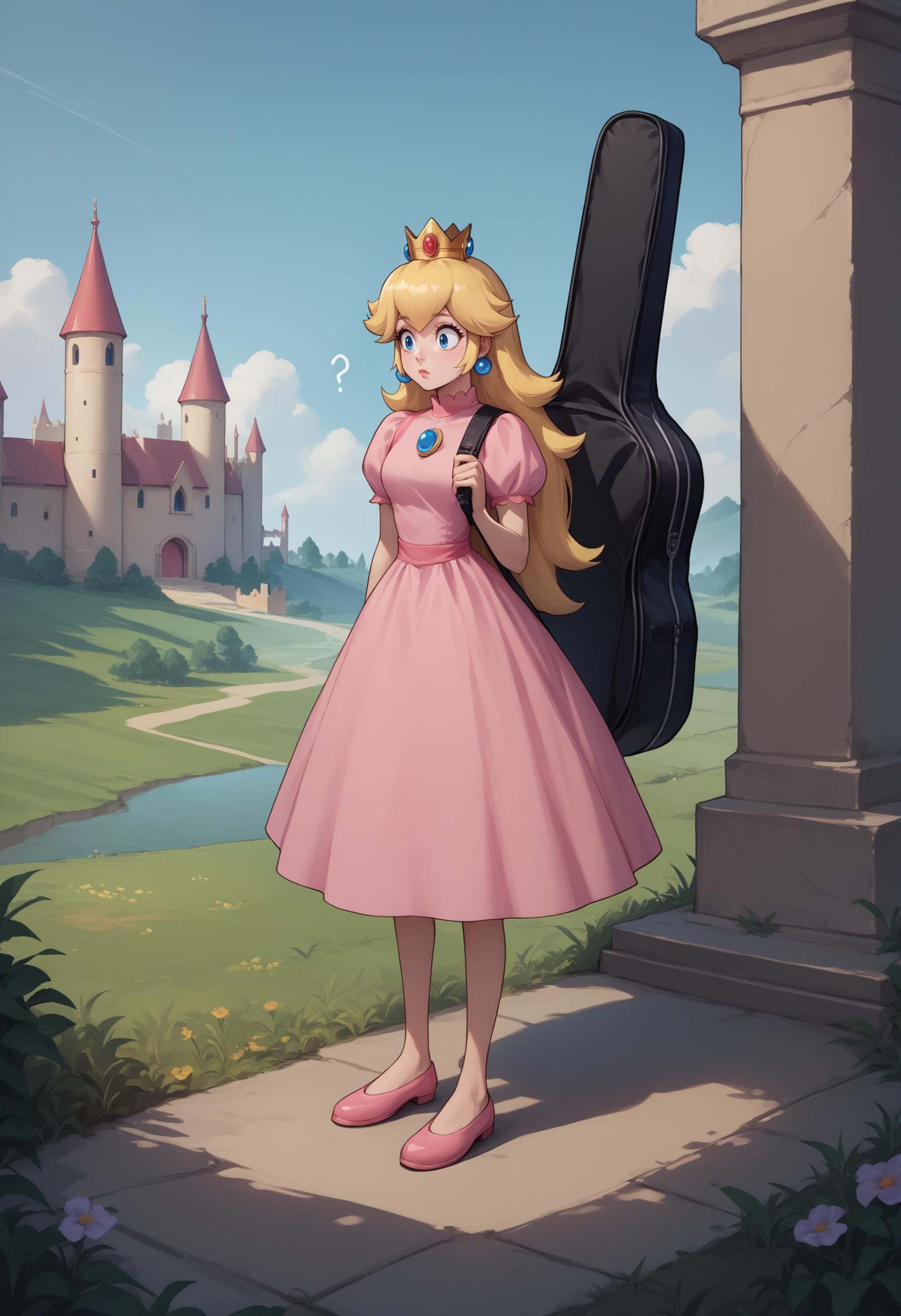 score_9, score_8_up, score_7_up, source_anime, 1girl, full body, instrument on back, instrument case, guitar case, <lora:InstrumentOnBack_XLPD:1>, princess peach, pink dress, outdoors, castle, confused, 