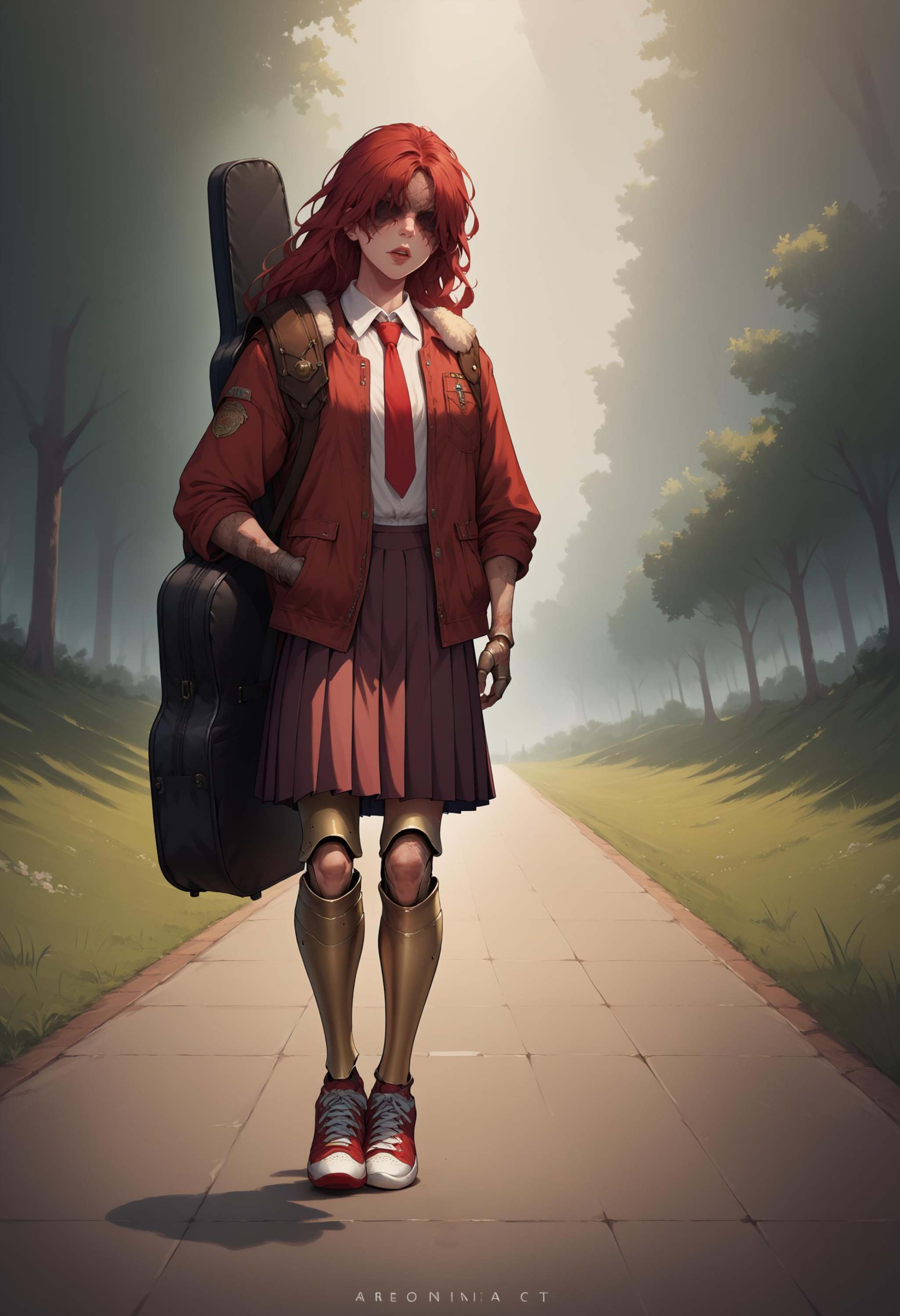 score_9, score_8_up, score_7_up, source_anime, 1girl, instrument on back, instrument case, guitar case, <lora:InstrumentOnBack_XLPD:1>, <lora:Malenia_XLPD:1> MaleniaRot, covered eyes, scar, prothestic leg, single mechanical arm, prosthesis, mechanical leg, red necktie, red jacket, red skirt, white shirt, shoes, full body, hand in pocket, collared shirt, walking, sneakers, parted lips, vest, open clothes, pleated skirt
