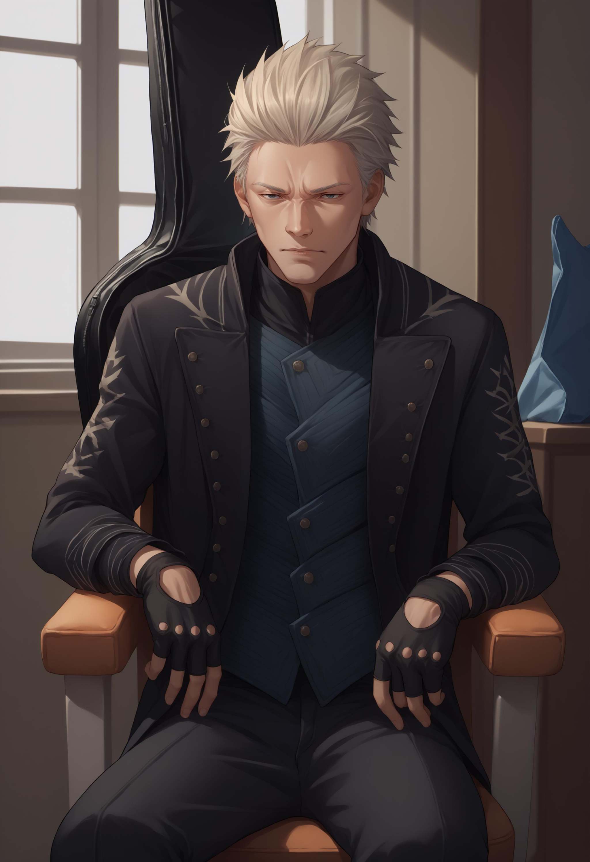 score_9, score_8_up, score_7_up, source_anime, 1boy, cowboy shot, instrument on back, instrument case, guitar case, <lora:InstrumentOnBack_XLPD:1>,  <lora:dmc5_vergil_ponyXL:1> dmc5vergil, black coat, fingerless gloves, pants, sitting, chair, plastic chair, 