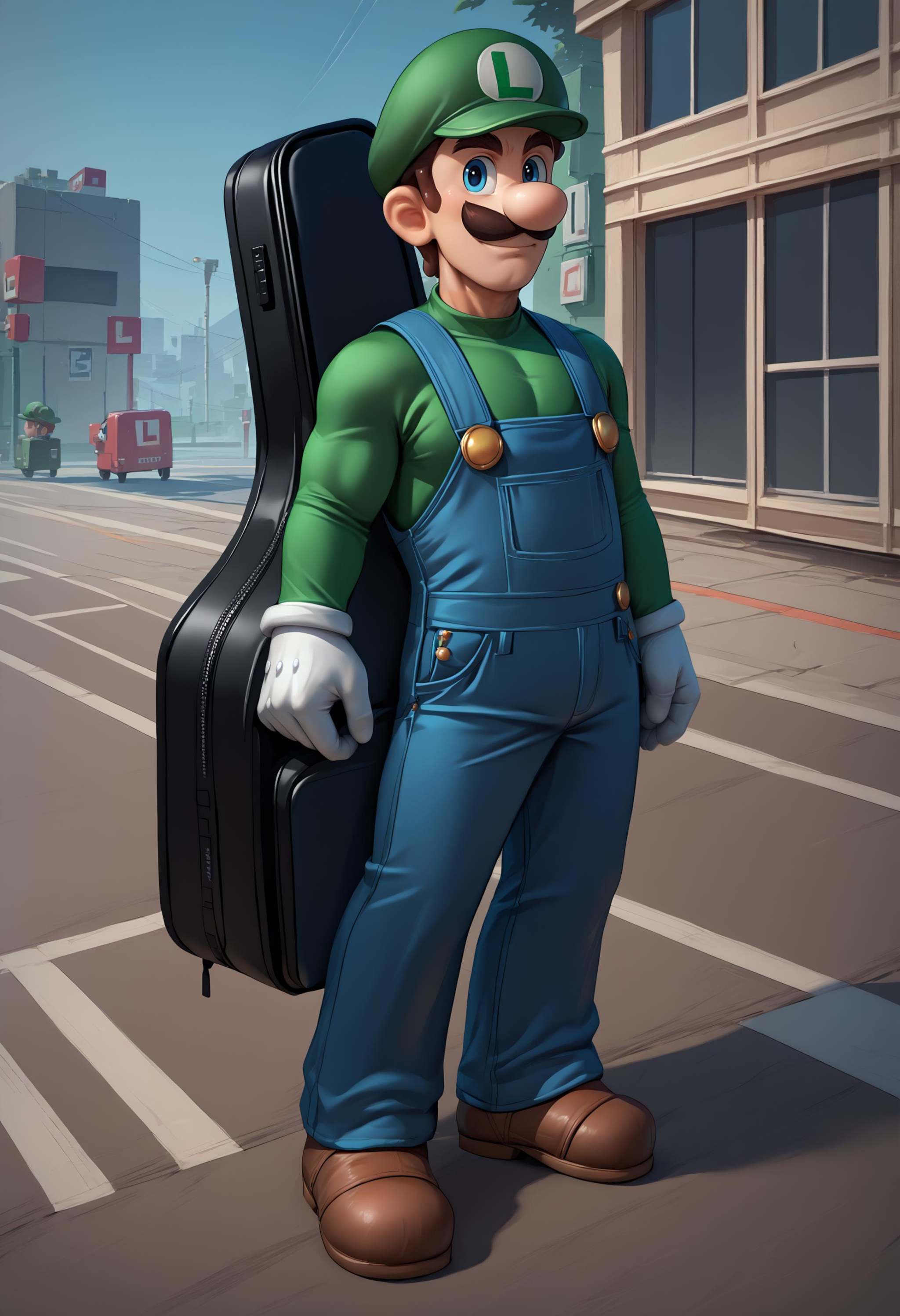 score_9, score_8_up, score_7_up, source_anime, 1boy, full body, instrument on back, instrument case, guitar case, <lora:InstrumentOnBack_XLPD:1>,  <lora:Luigi_XLPD:1> Incrsluigi, luigi, green headwear, blue overalls, white gloves, long sleeves, muscular, seductive smile, street, 