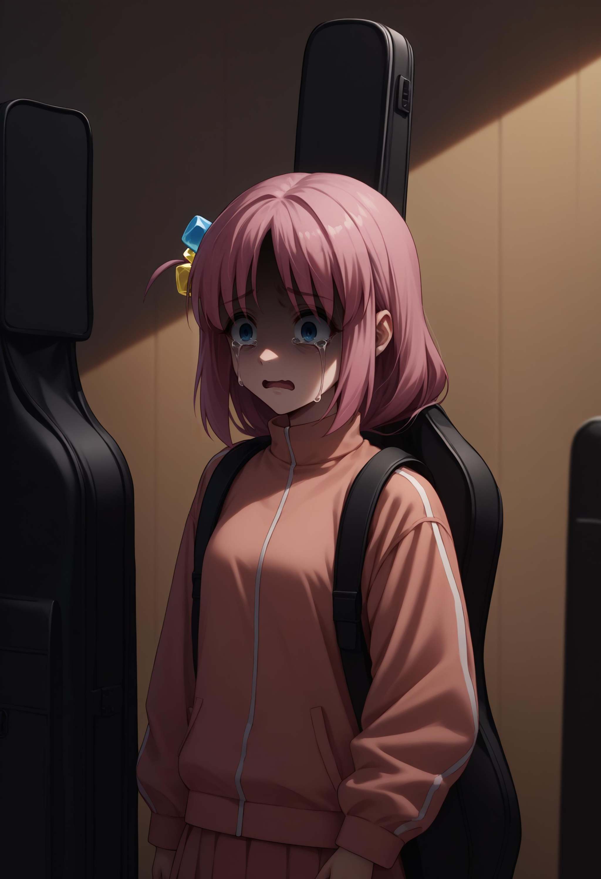 score_9, score_8_up, score_7_up, source_anime, 1girl, cowboy shot, instrument on back, instrument case, guitar case, <lora:InstrumentOnBack_XLPD-000008:1>, gotoh hitori, bocchi the rock!, scared, crying, shaded face, stage, jacket, 