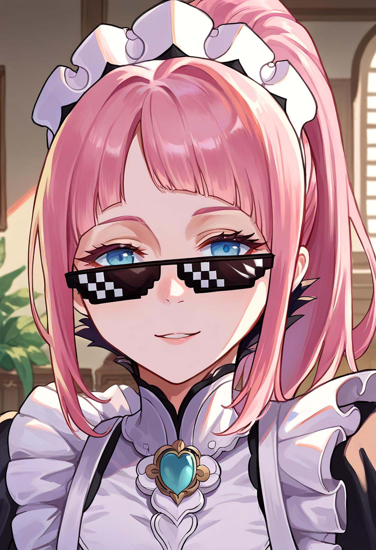 score_9, score_8_up, source_anime, 1girl, incrsxldealwithit, sunglasses, <lora:DealWithIt_XLPD:1>, <lora:felicia-fe-richy-v1_xl:0.8> feliciadef, pink hair, ponytail, blue eyes, maid headdress, brooch, maid apron, indoors, seductive smile, 
