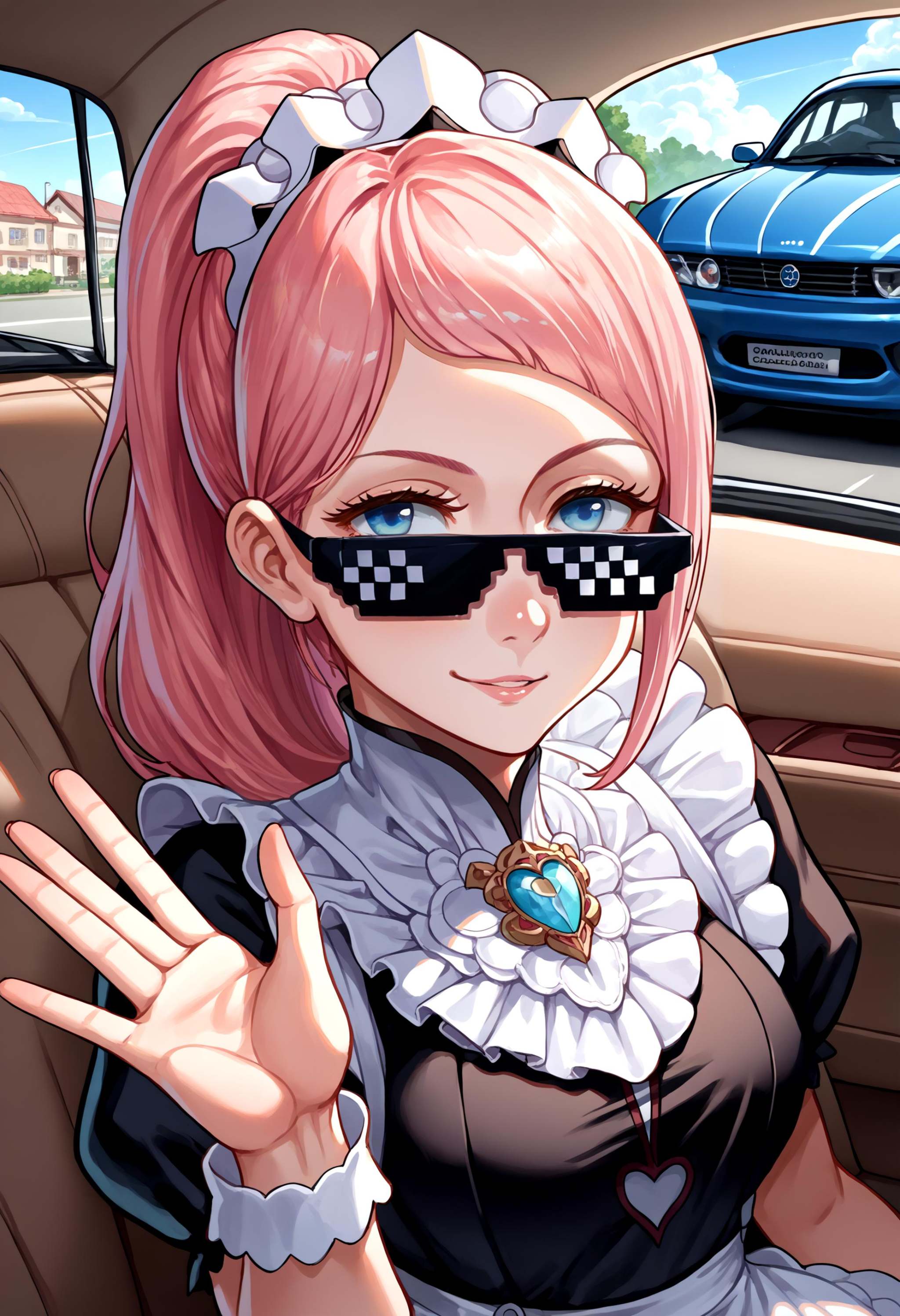 score_9, score_8_up, source_anime, 1girl, incrsxldealwithit, sunglasses, <lora:DealWithIt_XLPD:1.2>, <lora:felicia-fe-richy-v1_xl:0.8> feliciadef, pink hair, ponytail, blue eyes, maid headdress, brooch, maid apron, indoors, seductive smile, black thighhighs, full body, car, sitting on car, waving, bmw, 