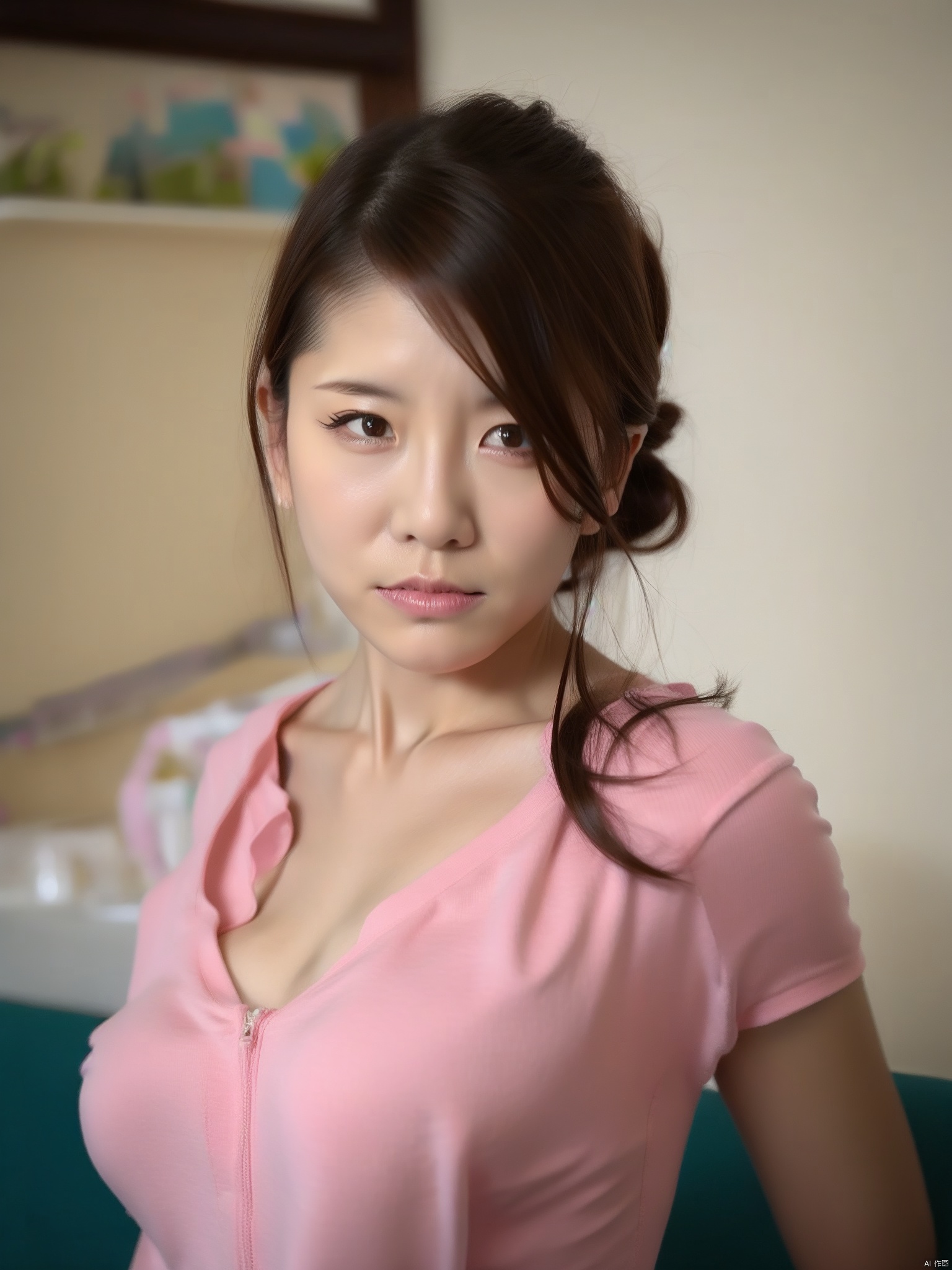 a woman, 35 yo, look at the view, (realistic),   breast ,beastialily, photorealistic, Add details, medium shot, Acne, upper body, indoors