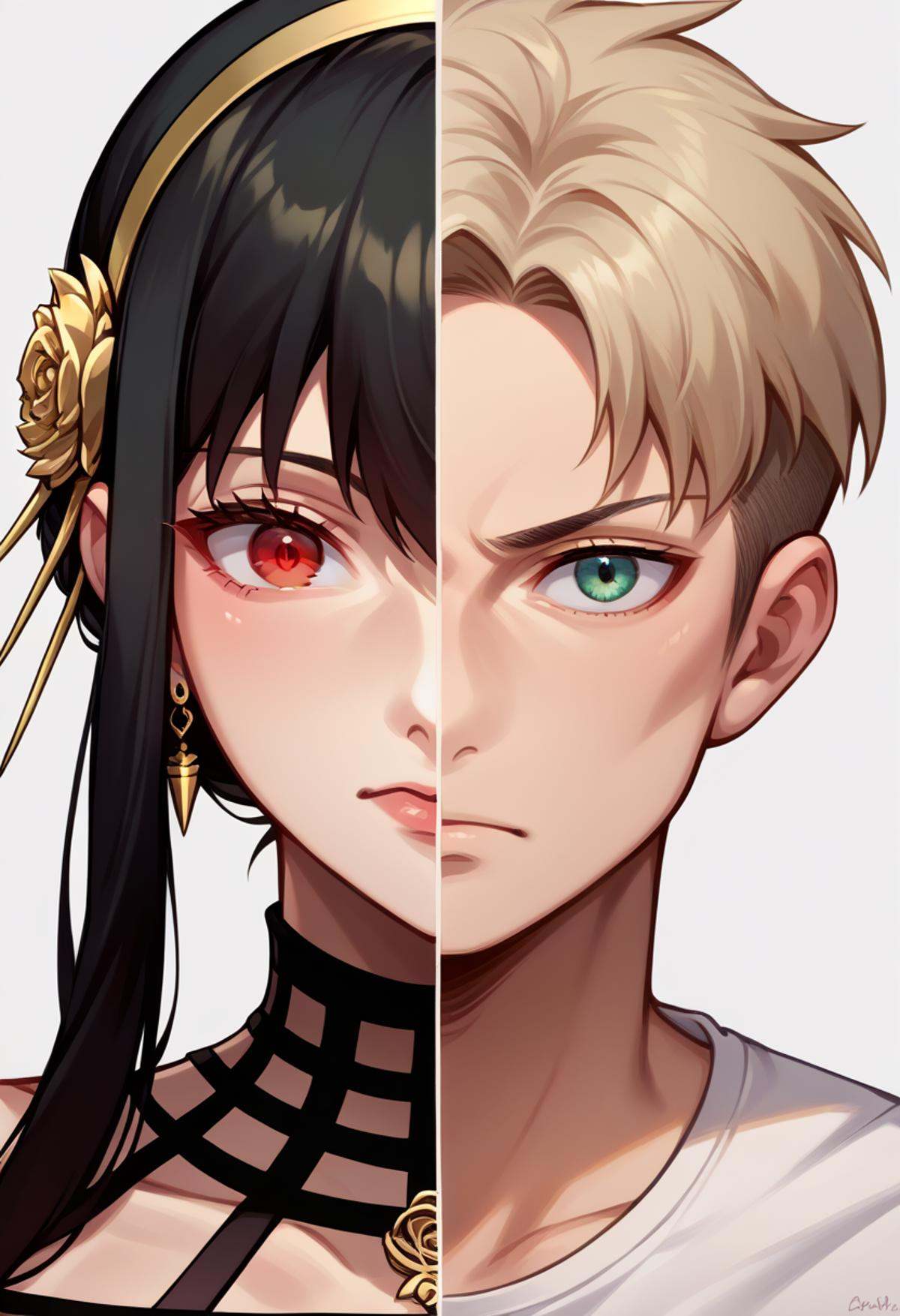 score_9, score_8_up, source_anime, <lora:Splitscreen_XLPD:0.6>, upper body, split screen, splitscreen,BREAK yor briar, red eyes, black dress, BREAK twilight \(spy x family\), 1boy, 
