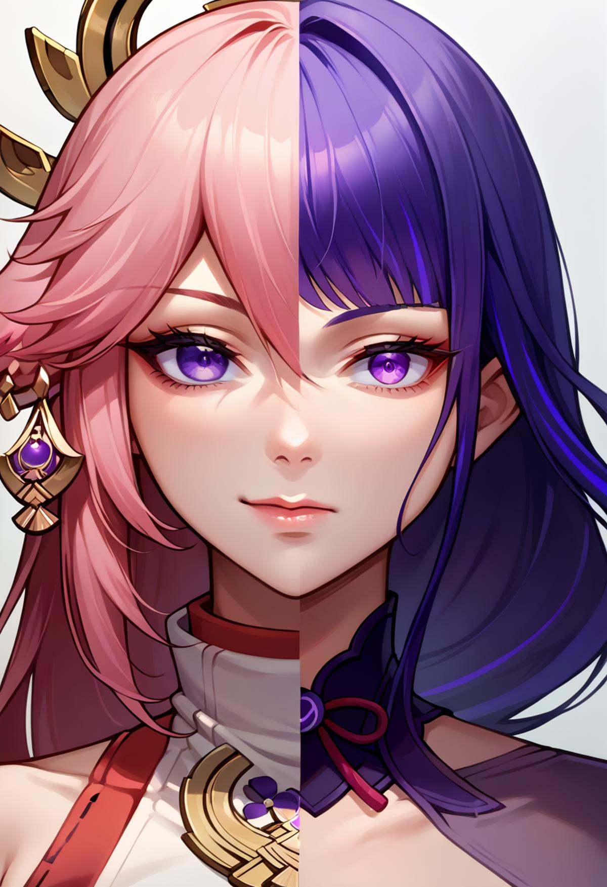 score_9, score_8_up, source_anime, <lora:Splitscreen_XLPD:0.6>, upper body, split screen, splitscreen,BREAK yae miko, seductive smile, BREAK raiden shogun, expressionless, 