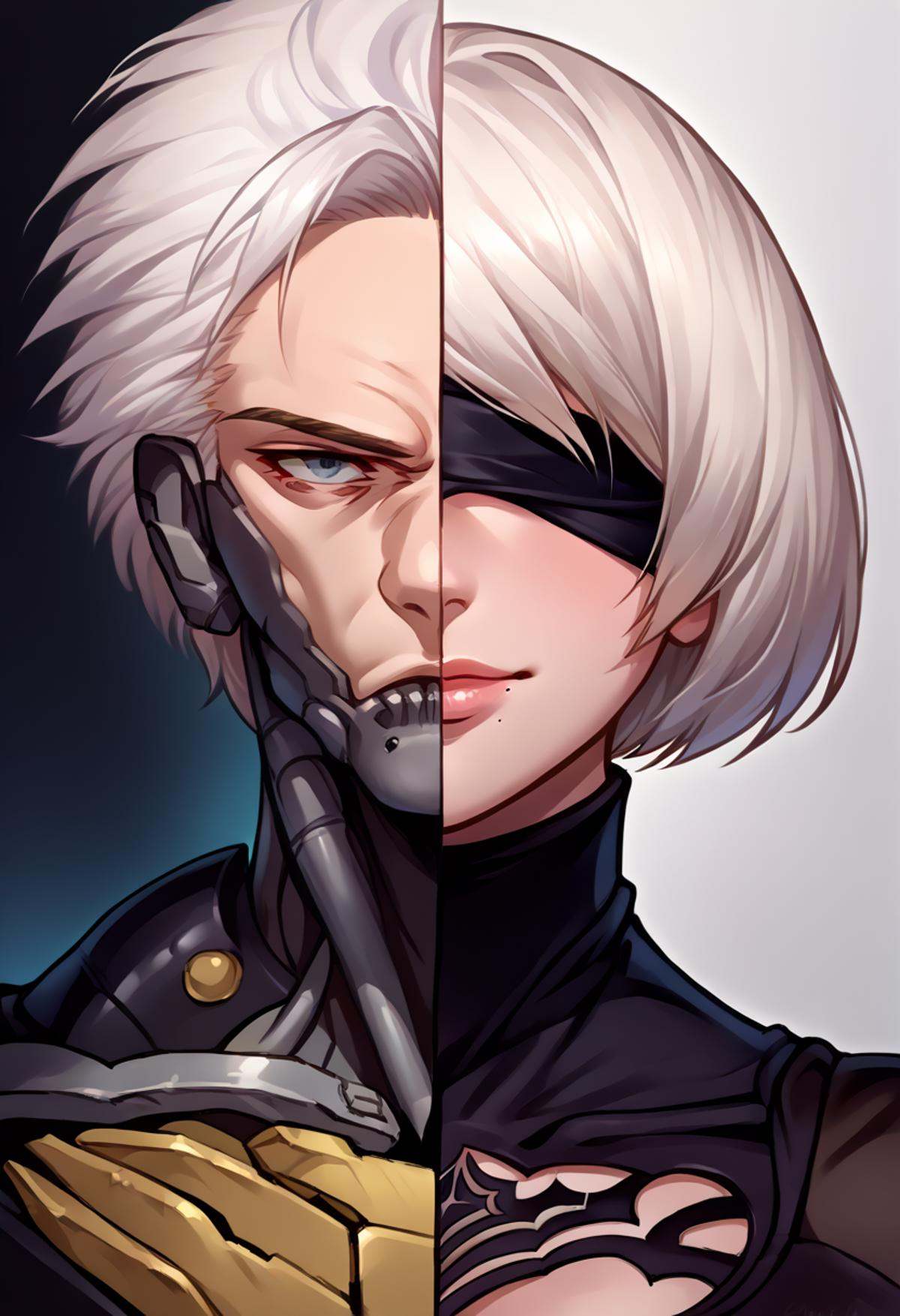 score_9, score_8_up, source_anime, <lora:Splitscreen_XLPD:0.6>, upper body, split screen, splitscreen,BREAK <lora:RaidenMGR_XLPD:1>, raidenmgrdef, cyborg, black bodysuit, 1boy, expressionless, white hair, BREAK 1girl, 2b \(nier:automata\), nier:automata, blindfold, seductive smile, android, short hair, black dress, 