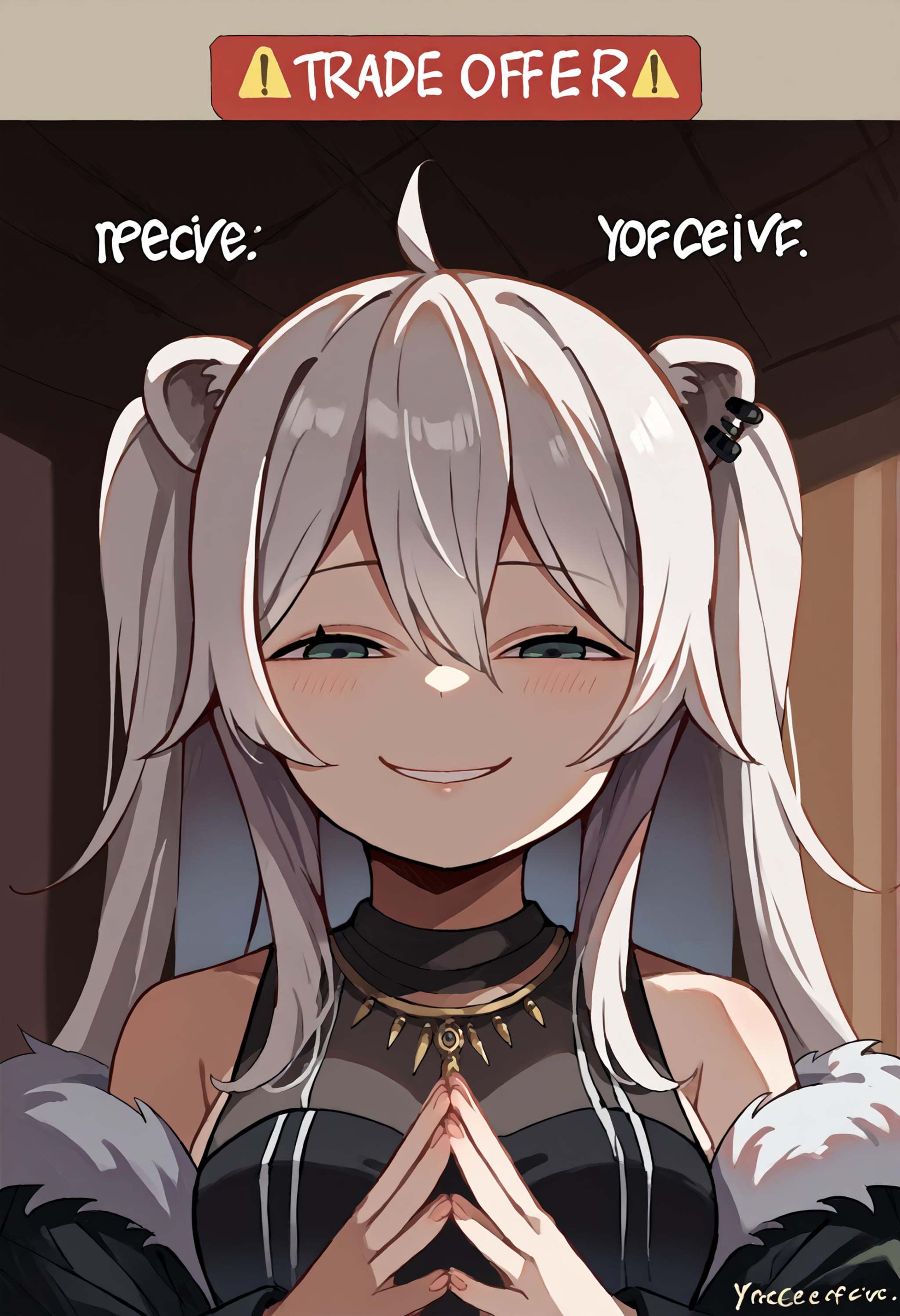 score_9, score_8_up, source_anime, 1girl, tradeoffermeme, own hands together, upper body, <lora:TradeOfferMeme_XLPD:1>,  <lora:ShishiroBotanPDXL:1>, BotanBase, long hair, two side up, ear piercing, lion tail, necklace, black shirt, sleeveless shirt, fur-trimmed jacket, black jacket, off shoulder, <lora:AnyasHehFaceMeme_XLPD:1>, incrsanyashehfacememe