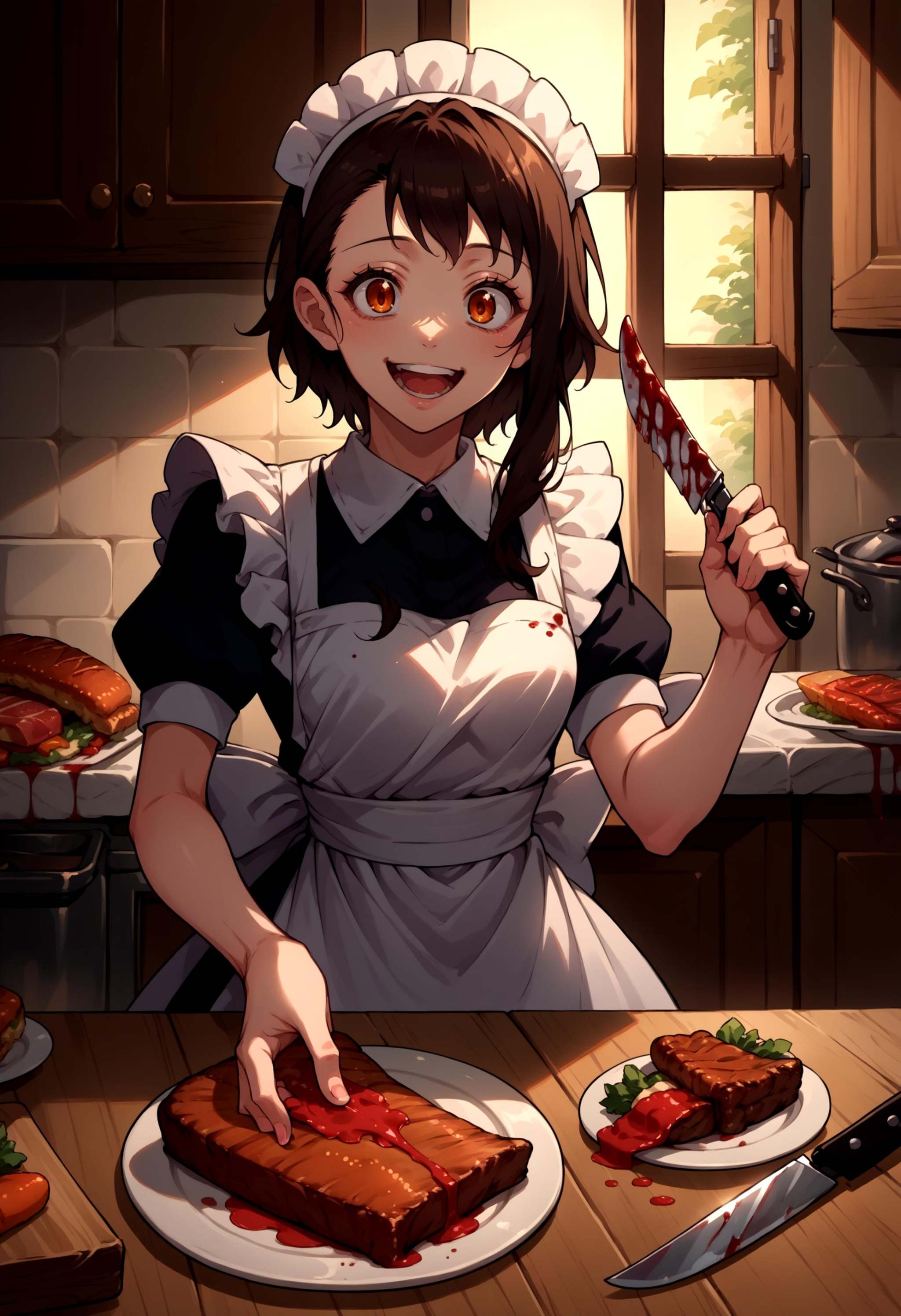 score_9, score_8_up, score_7_up, source_anime, 1girl, solo, OnoderaKosaki, <lora:OnoderaKosaki_XLPD:1>, maid, maid headdress, maid apron, kitchen, knife, food, smile, open mouth, steak, blood on knife, 