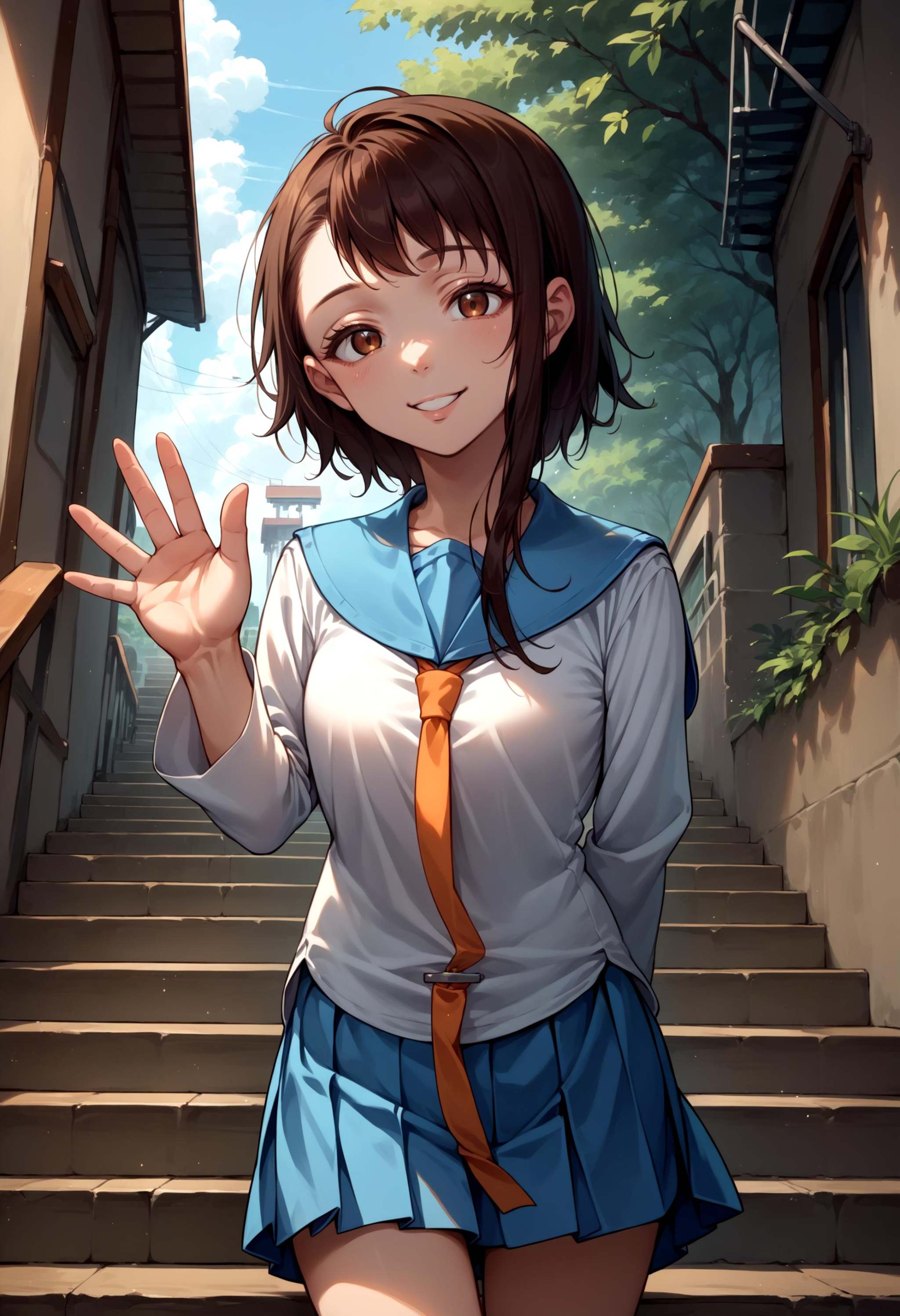 score_9, score_8_up, score_7_up, source_anime, 1girl, solo, OnoderaKosaki, <lora:OnoderaKosaki_XLPD:1>, school uniform, serafuku, blue skirt, pleated skirt, blue sailor collar, white shirt, waving, outdoors, seductive smile, arm behind back, stairs, 